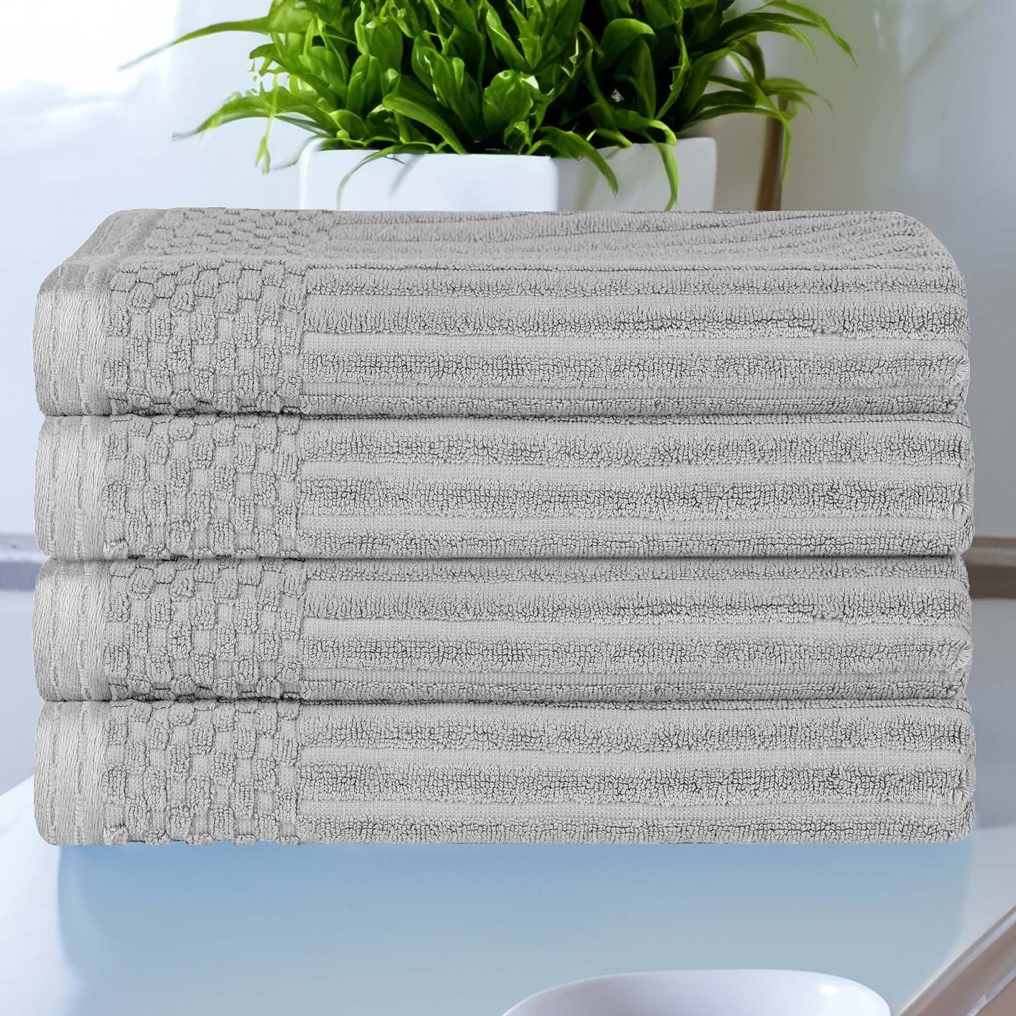 Silver Ribbed Cotton Bath Towel Set with Checkered Border