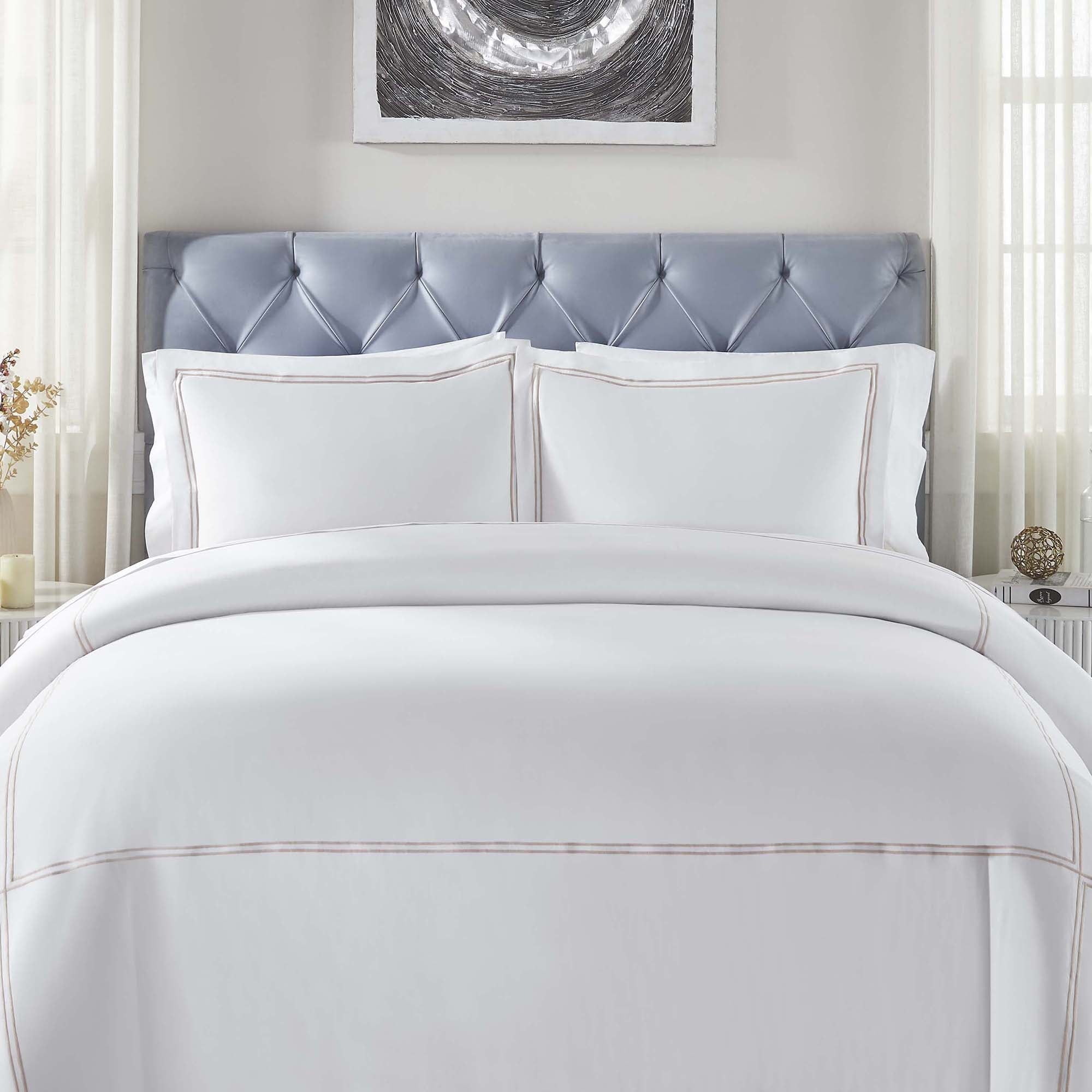 Full/Queen White and Taupe Cotton Embroidered Duvet Cover Set