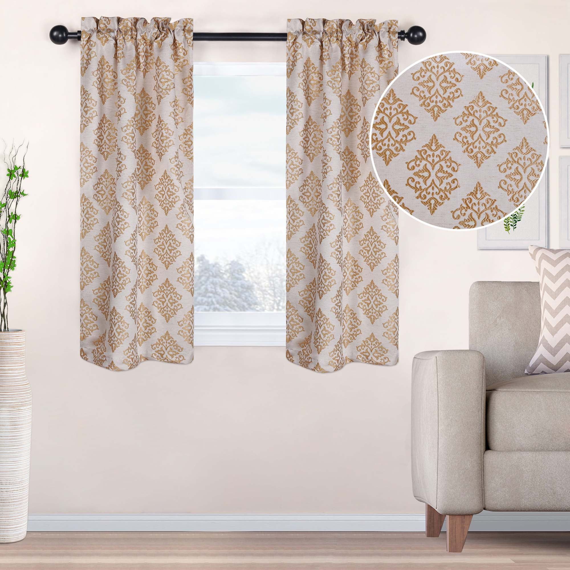 Gold Damask Jacquard Light-Filtering Rod Pocket Curtains, 26" x 63"
