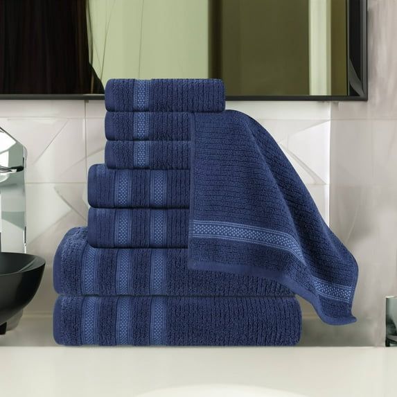 Navy Blue Cotton Ribbed 8-Piece Towel Set