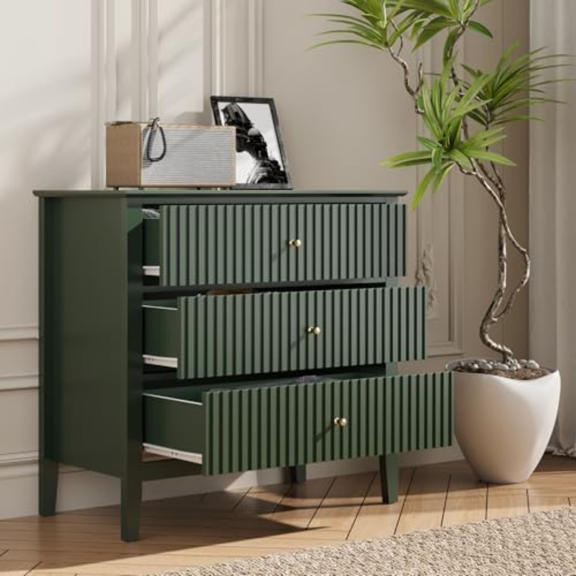 Green Painted Wood 3-Drawer Modern Dresser