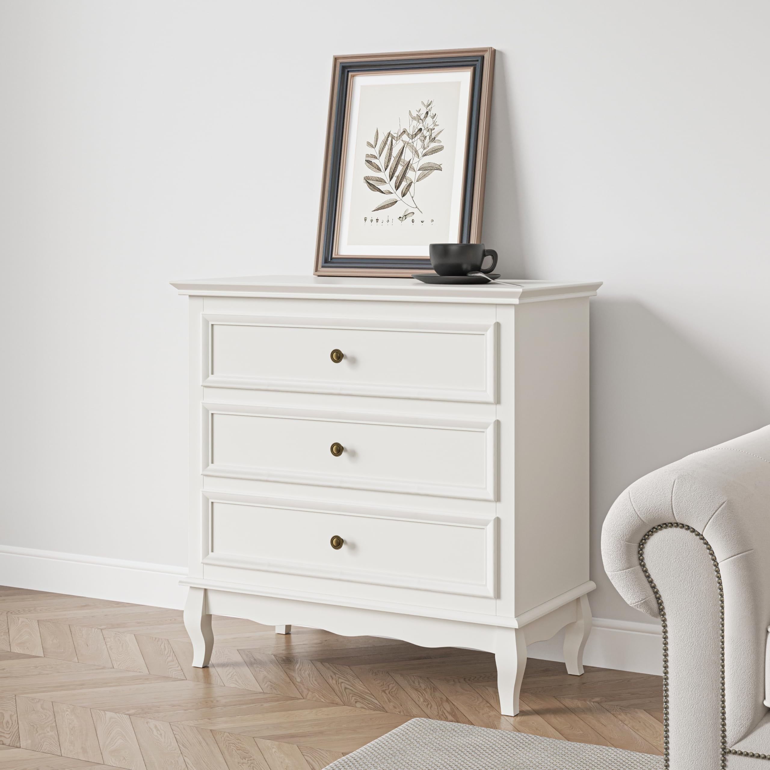 White 3-Drawer Dresser with Decorative Molding and Brass Knobs