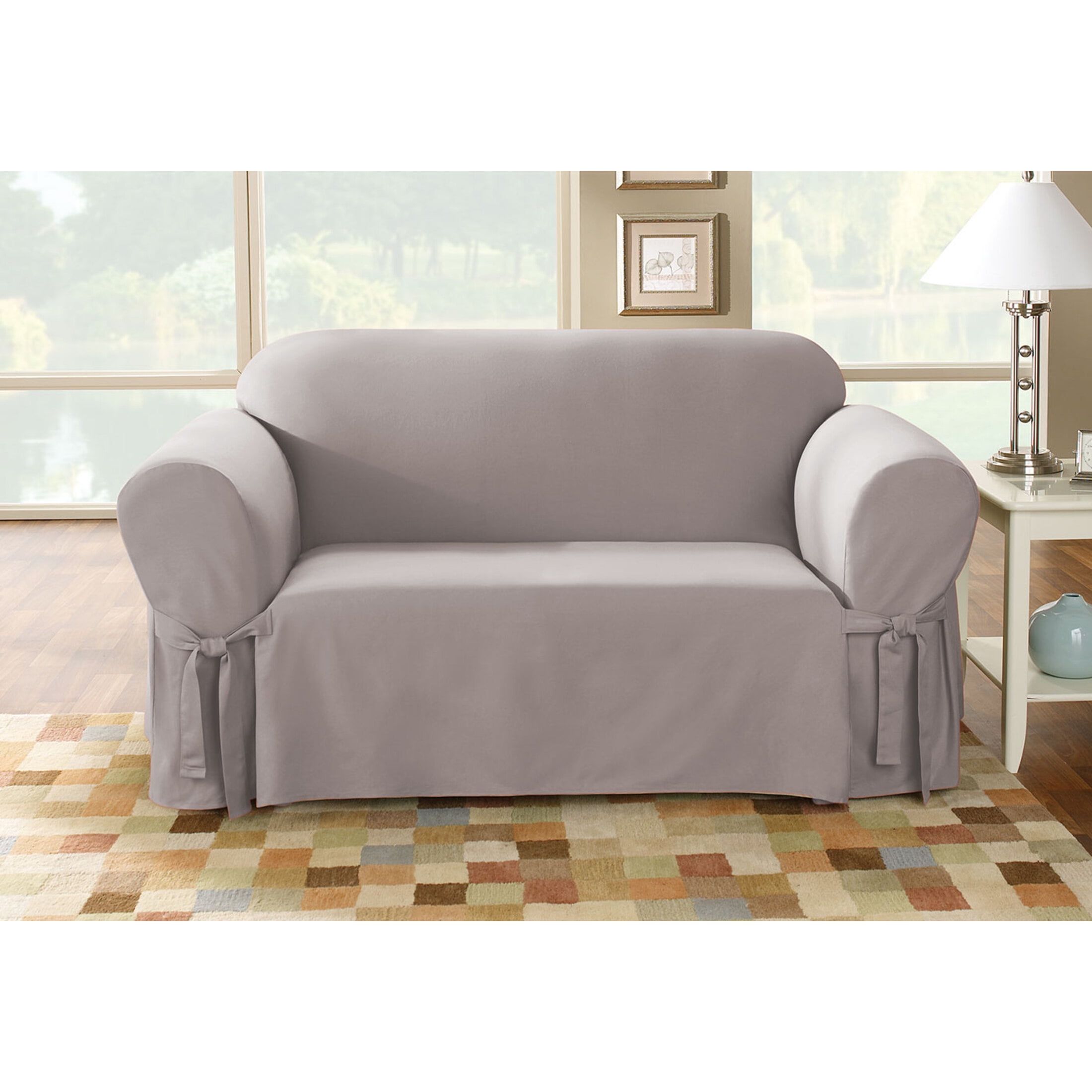 Gray Cotton Duck Loveseat Slipcover with Ties