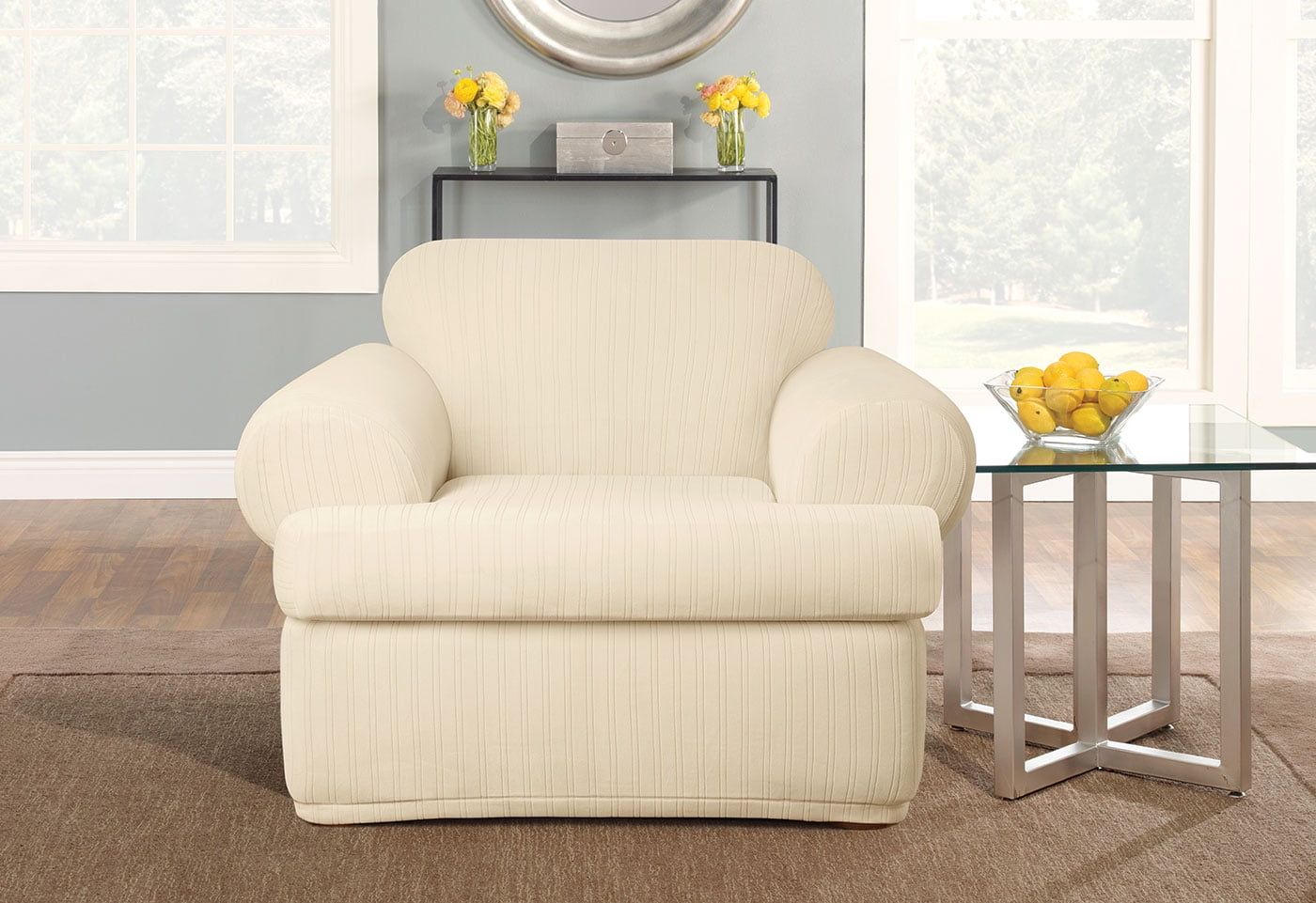 Cream Polyester Stretch Pinstripe T-Cushion Chair Slipcover