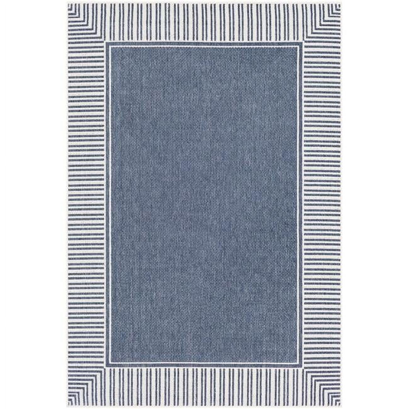 Blue and White Striped Synthetic Indoor/Outdoor Rug 5' x 7'