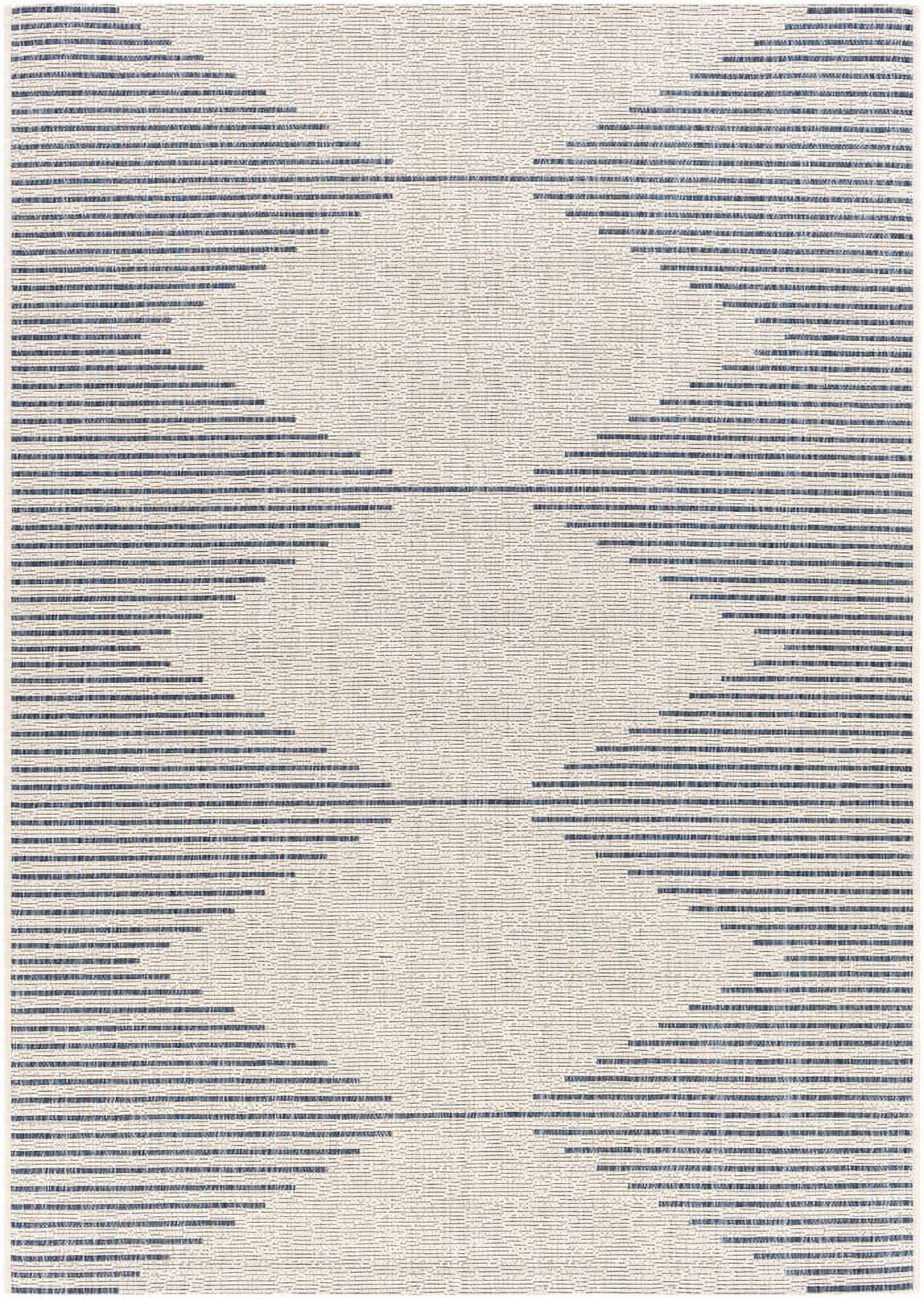 Blue and Off-White Square Synthetic Outdoor Rug