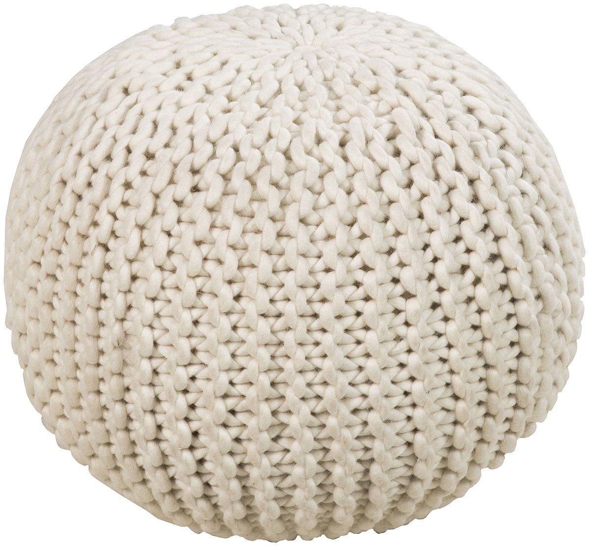 Antique Ivory Braided Wool Round Pouf Ottoman 18" x 14"