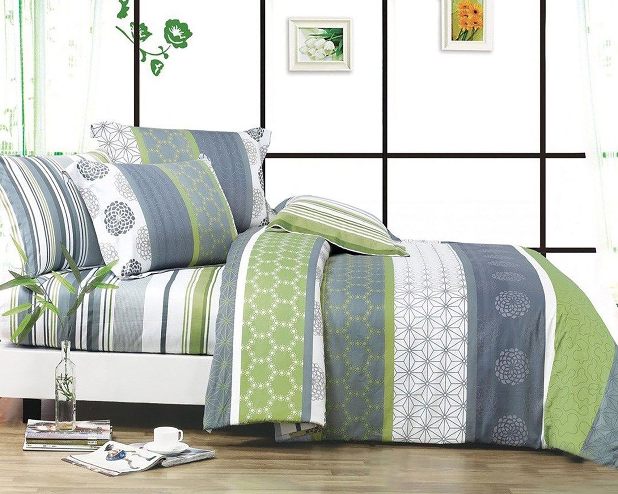 Serene Green and Gray Cotton Queen Bedding Set with Pillow Shams