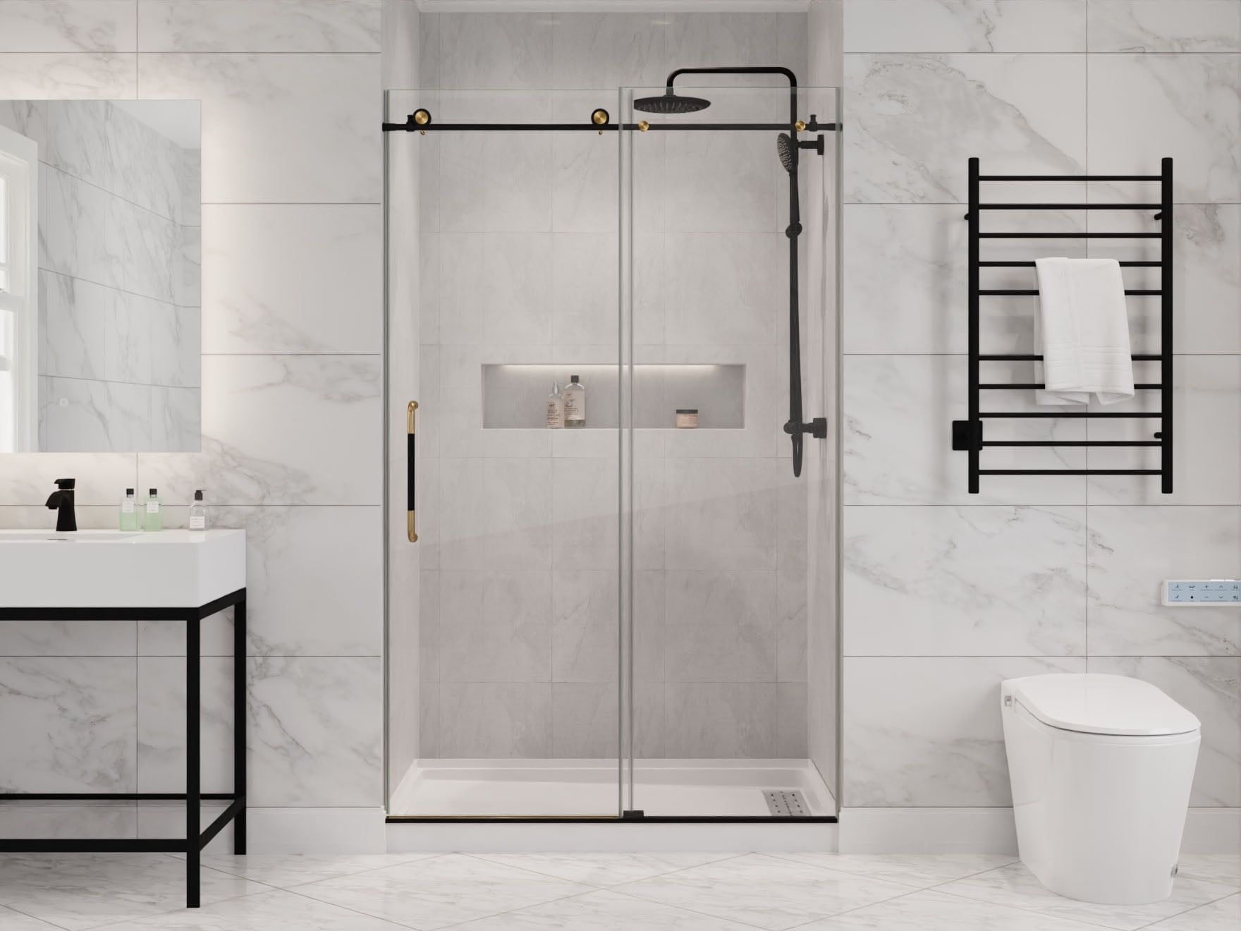 Madam Series 76" x 48" Frameless Sliding Shower Door in Matte Black and Brushed Gold