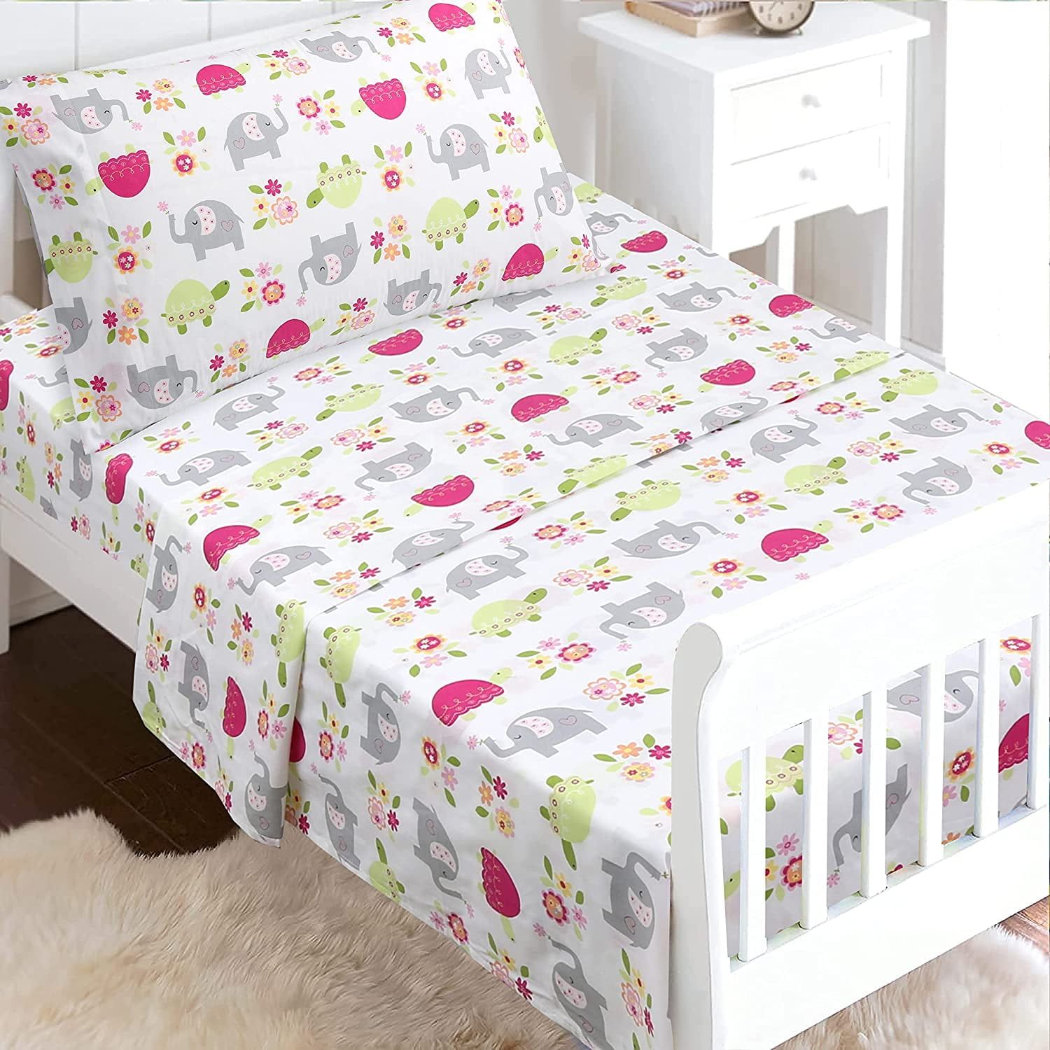 Gray and Pink Floral Elephant Cotton Toddler Sheet Set