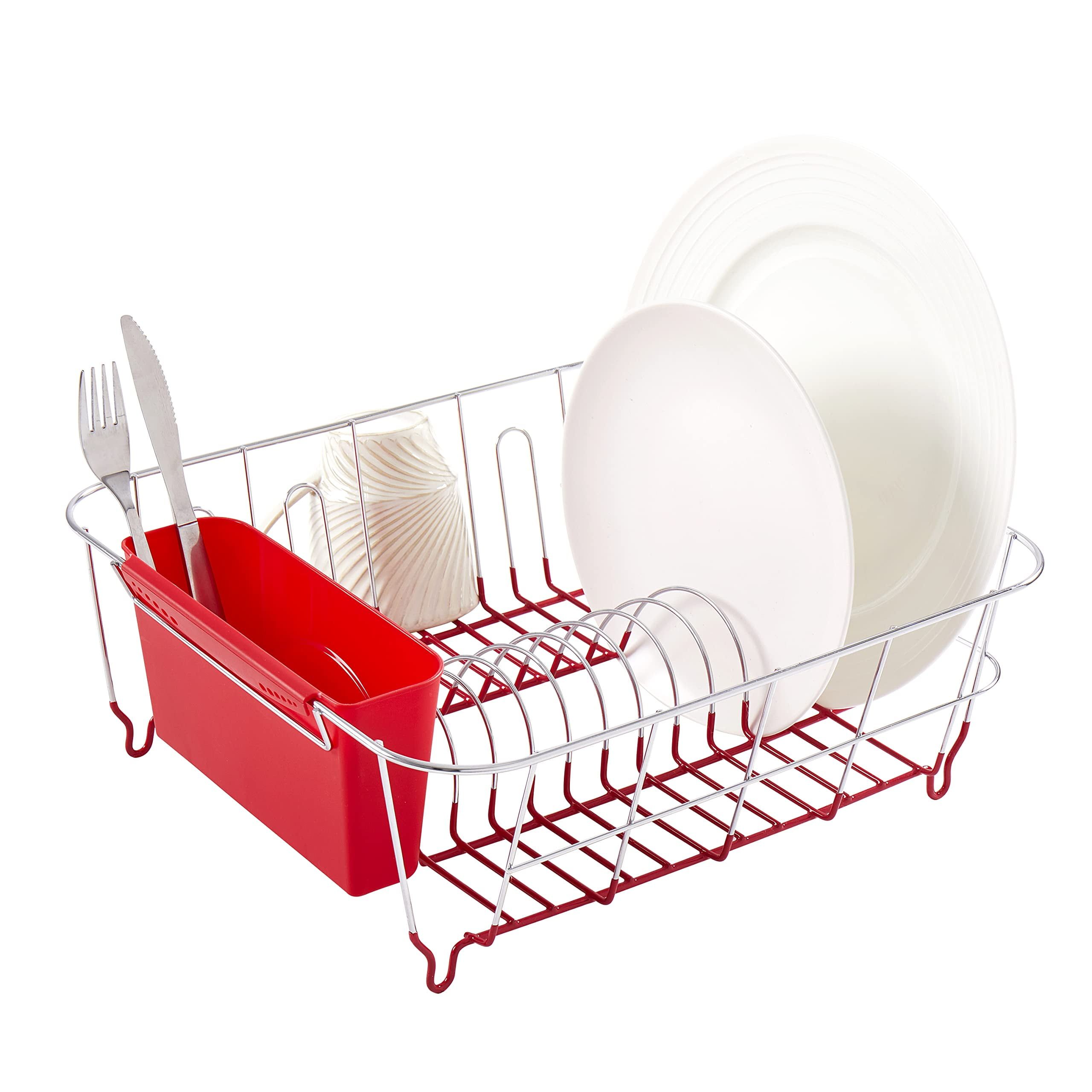 Red Metal Dish Drying Rack with Utensil Holder