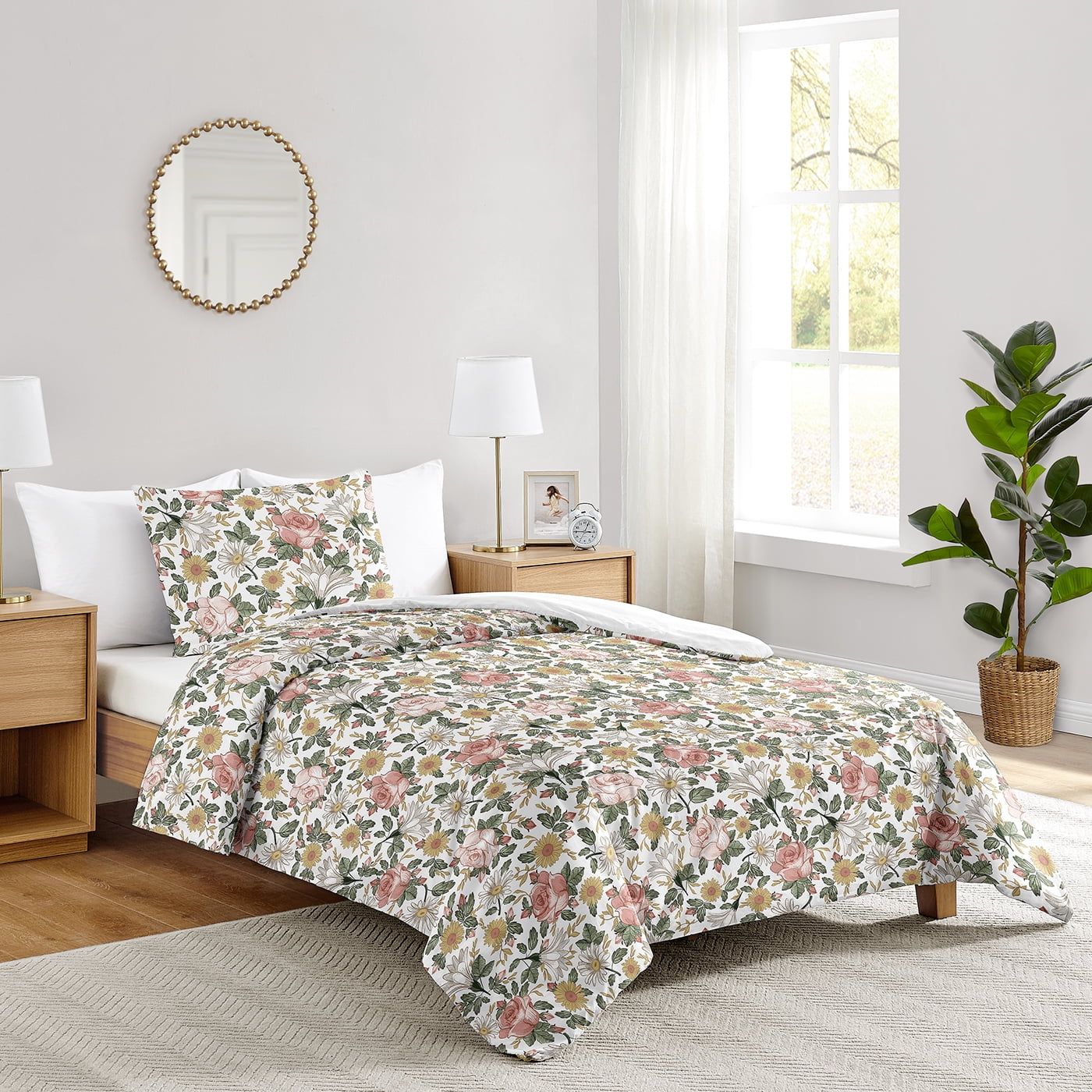 Pink and Green Floral Twin Microfiber Bedding Set