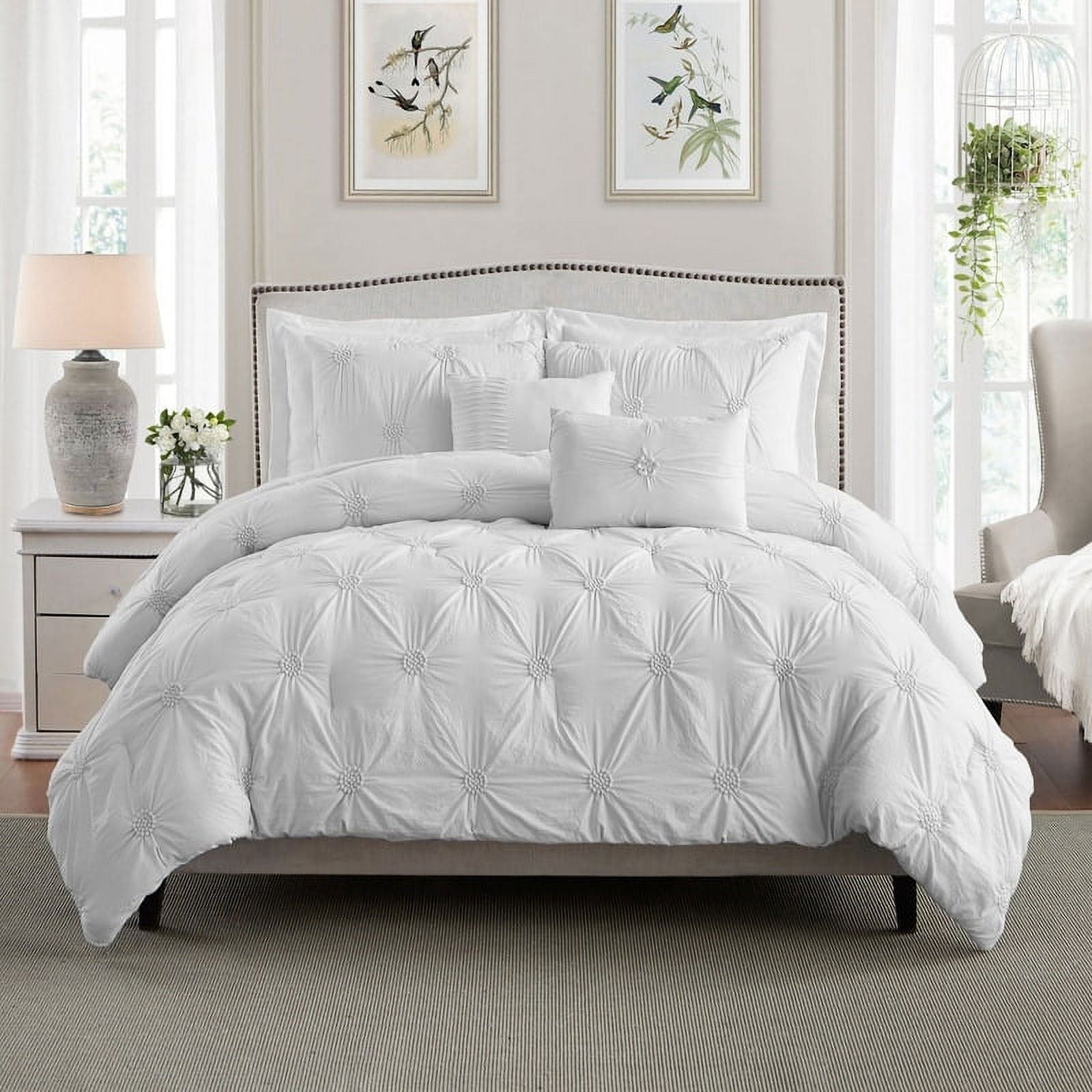 King White Floral Pintuck Down Alternative Comforter Set