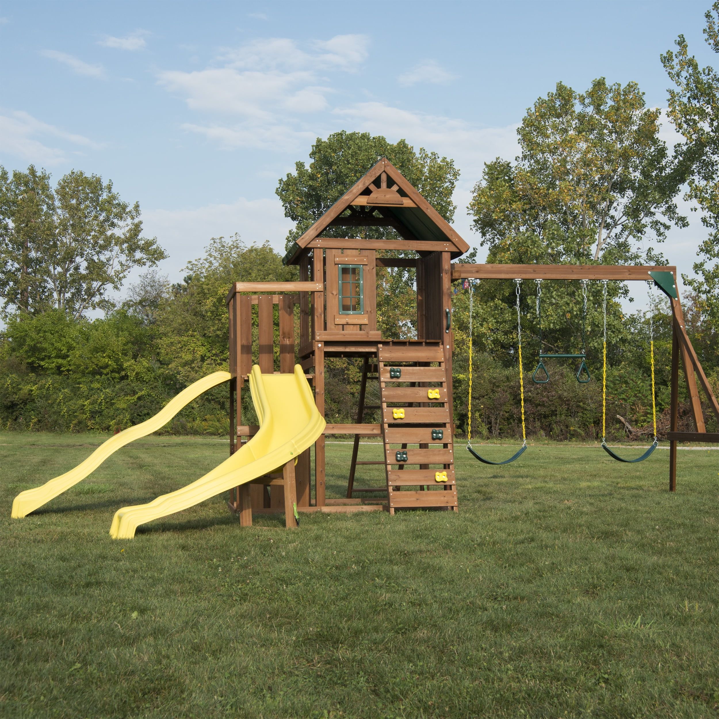 Castlebrook Wooden Swing Set with Yellow Slides and Climbing Wall