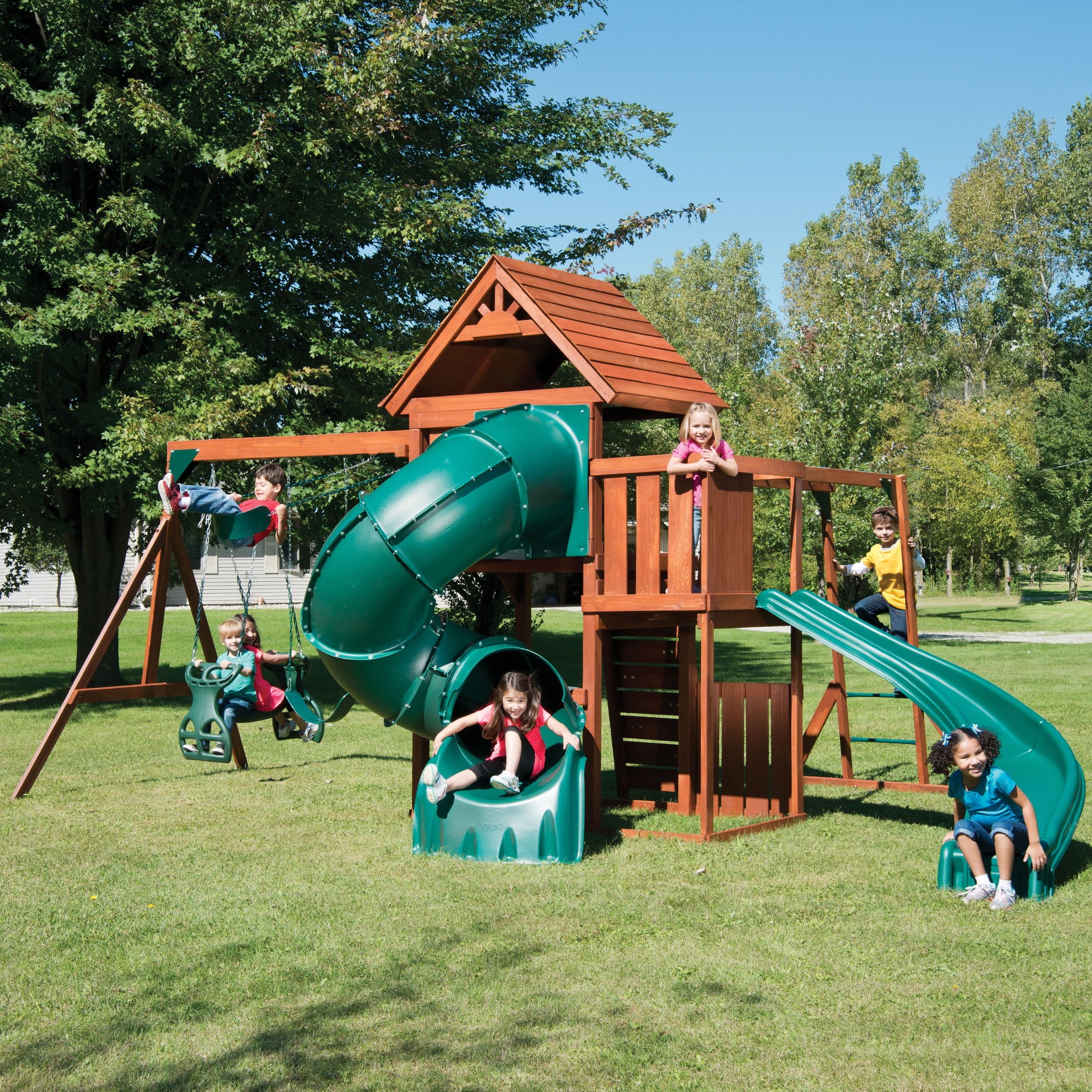 Grandview Twist Wood and Plastic Playground System with Slides and Swings