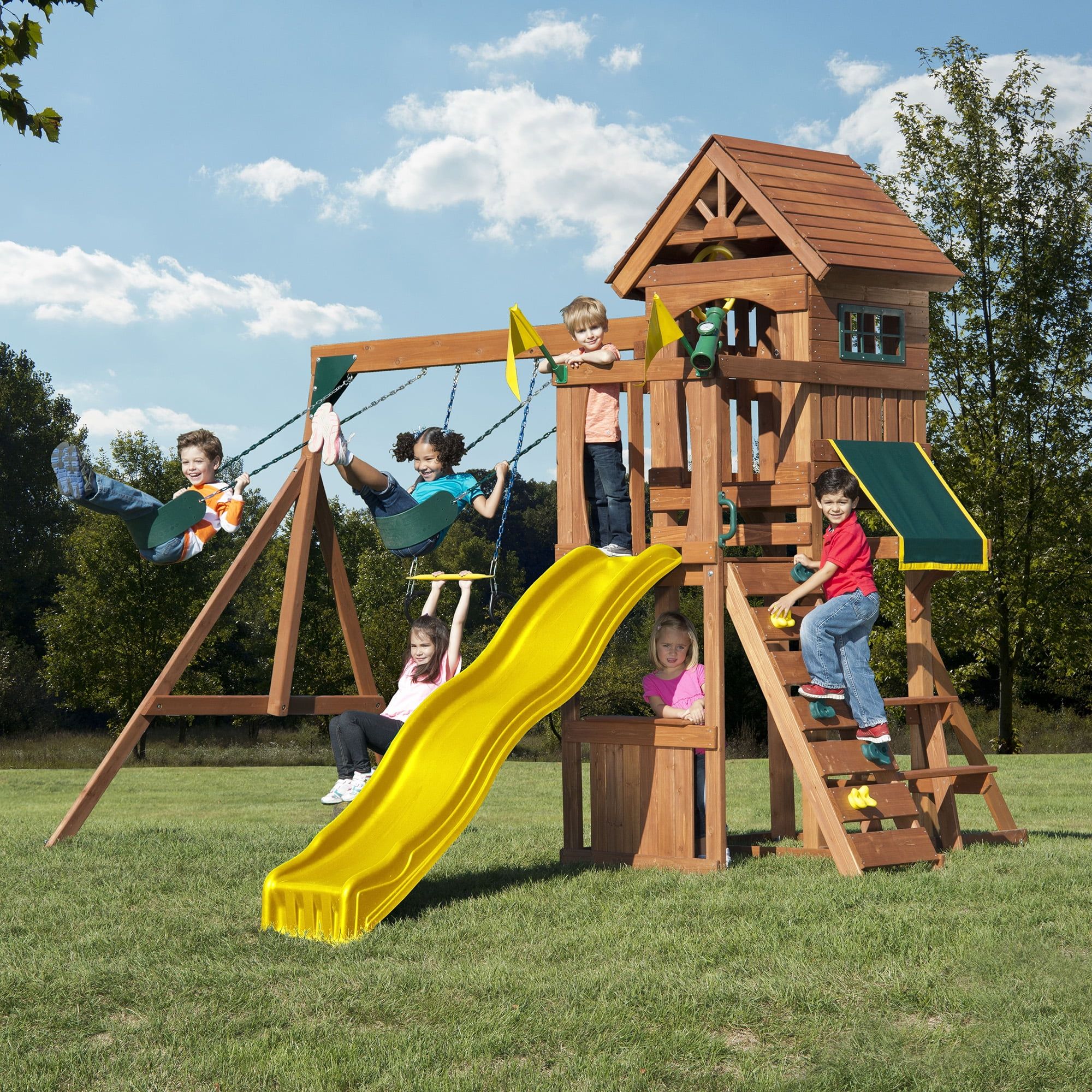 Jamboree Fort Wooden Swing Set with Yellow Slide and Climbing Wall