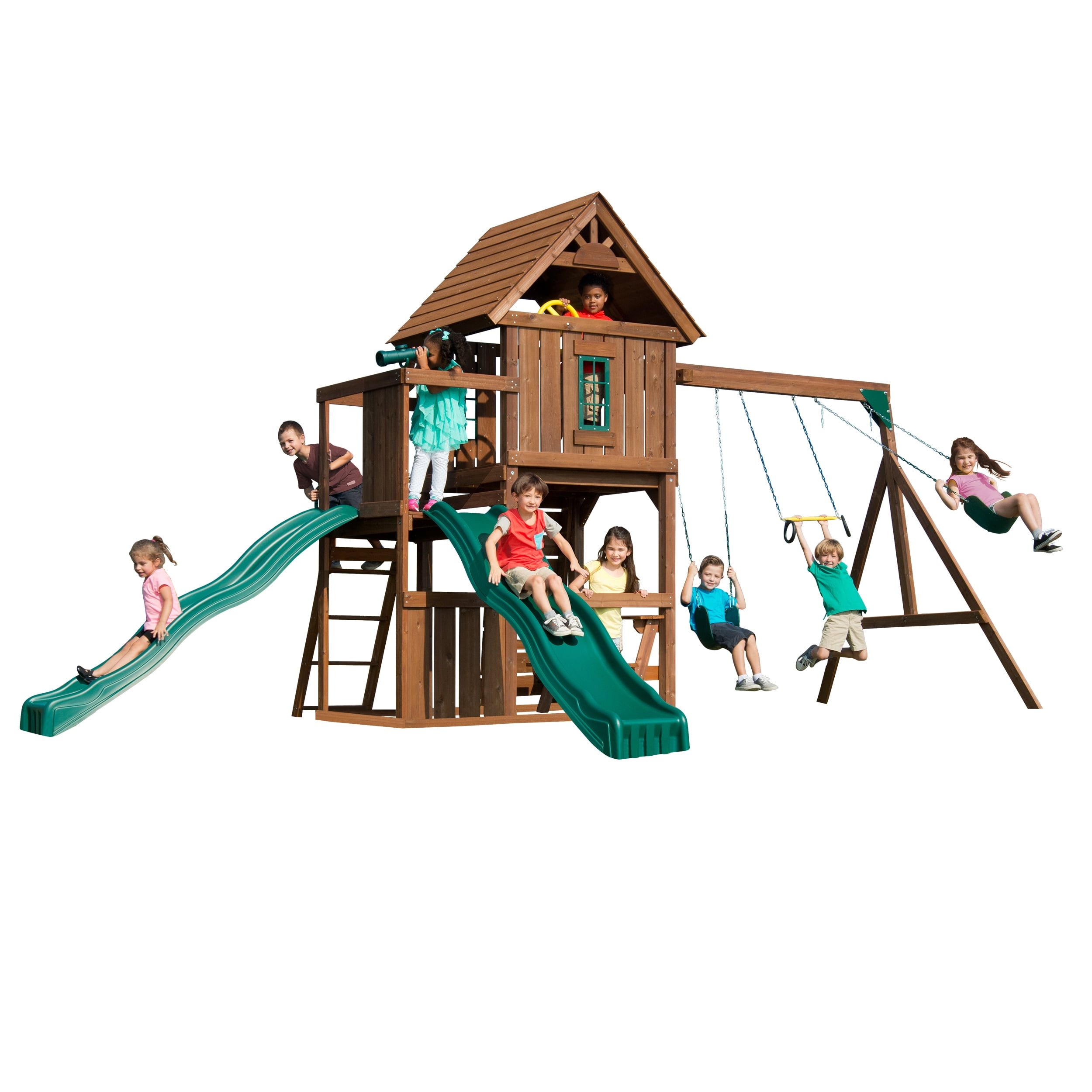 Monteagle Wooden Outdoor Swing Set with Wave Slides and Swings