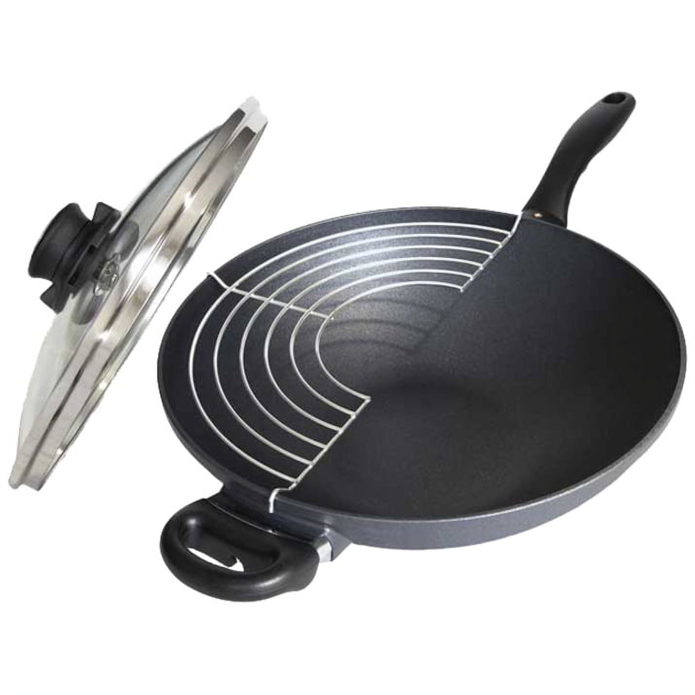 Swiss Diamond 12.5" Black Aluminum Nonstick Wok with Lid and Tempura Rack