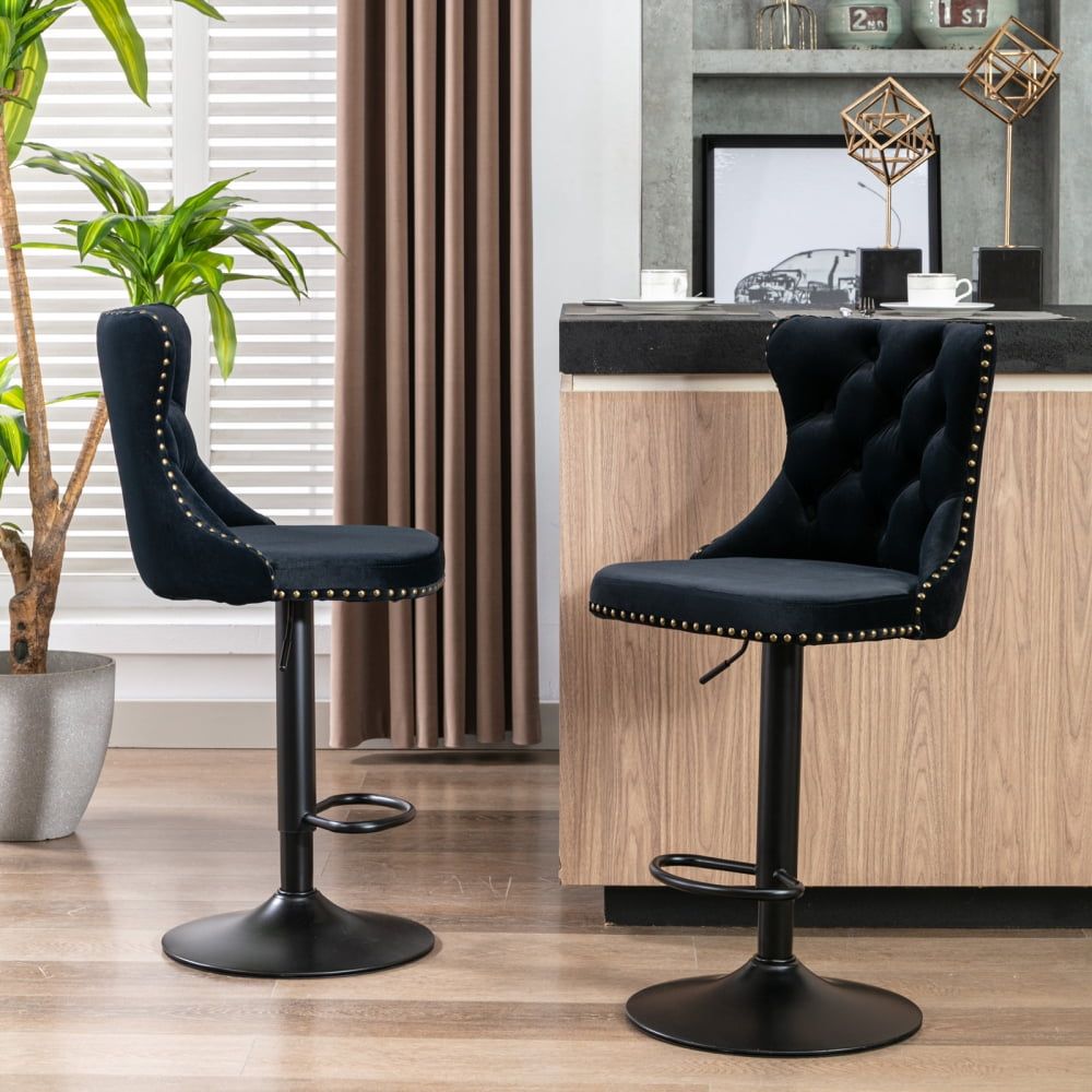 Adjustable Black Velvet Swivel Bar Stools with Nailhead Trim, Set of 2