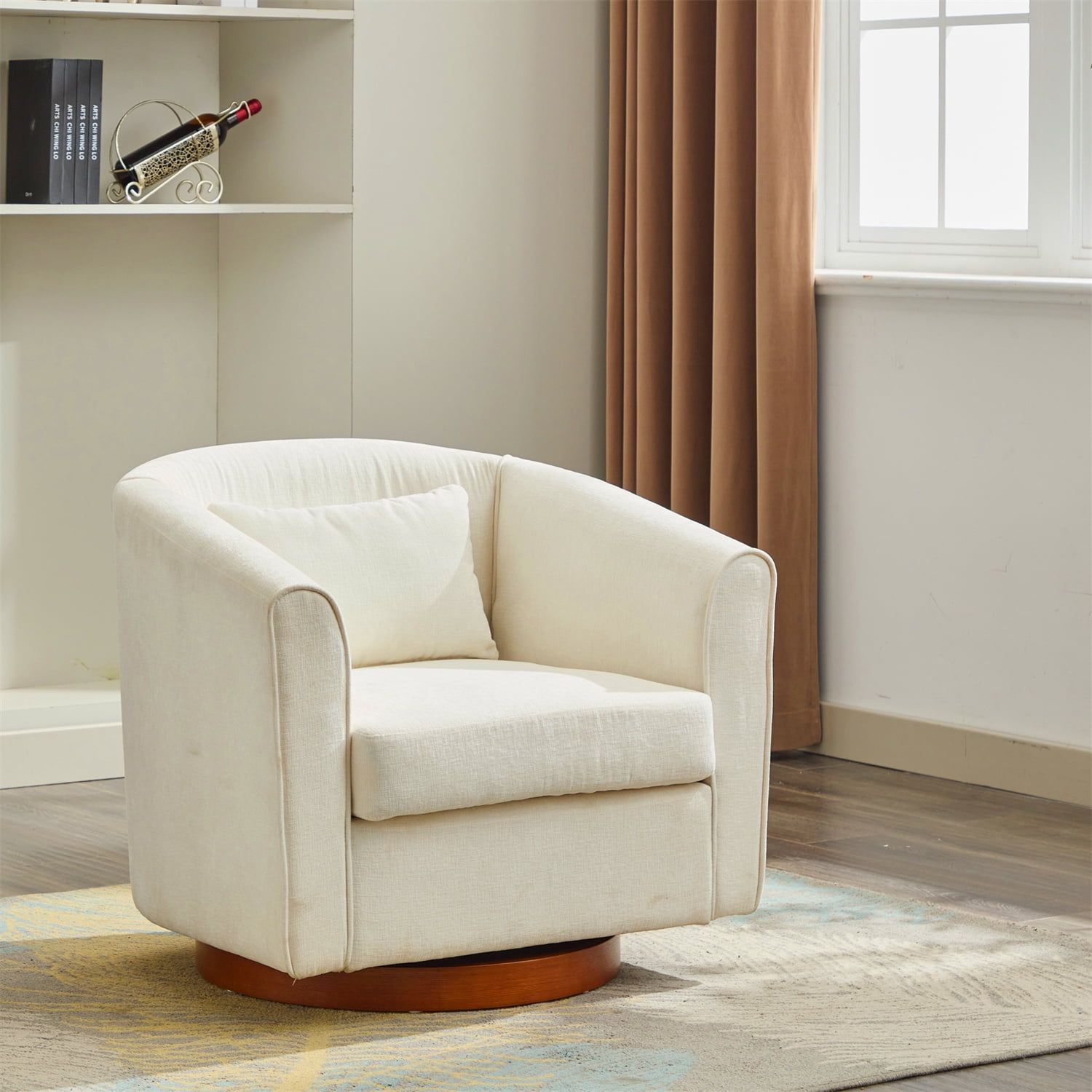 White Chenille Swivel Barrel Accent Chair with Wood Base