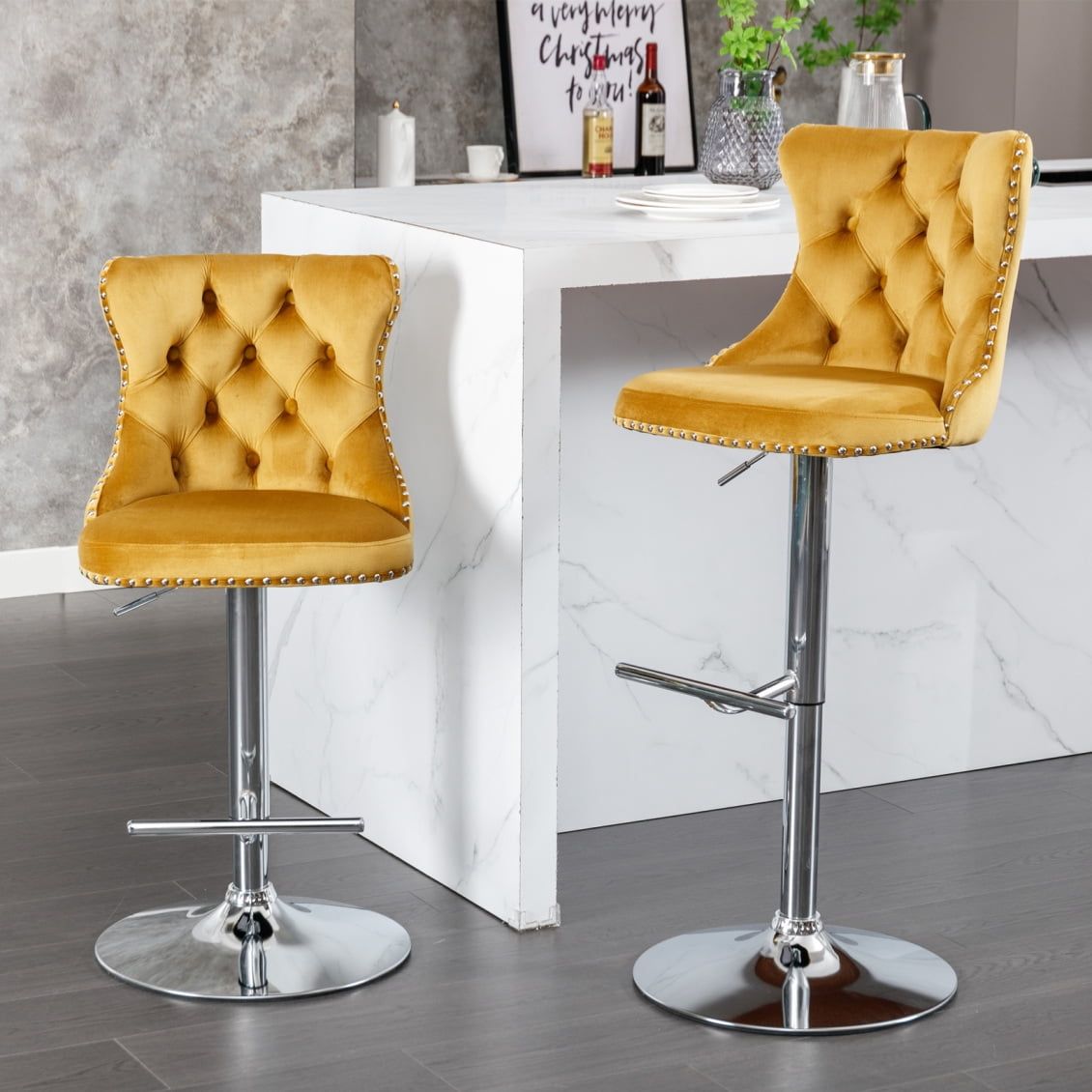 Gold Velvet Adjustable Swivel Bar Stools with Nailhead Trim, Set of 2