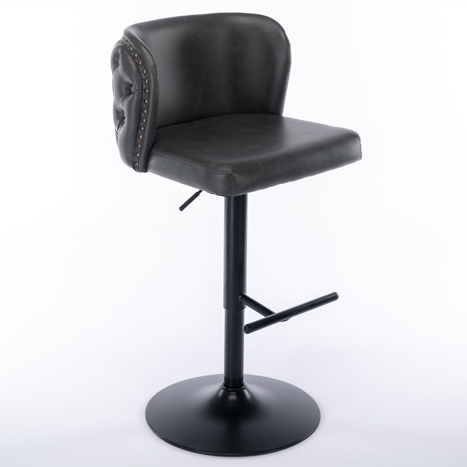 Dark Gray Leather Adjustable Swivel Bar Stool with Tufted Back