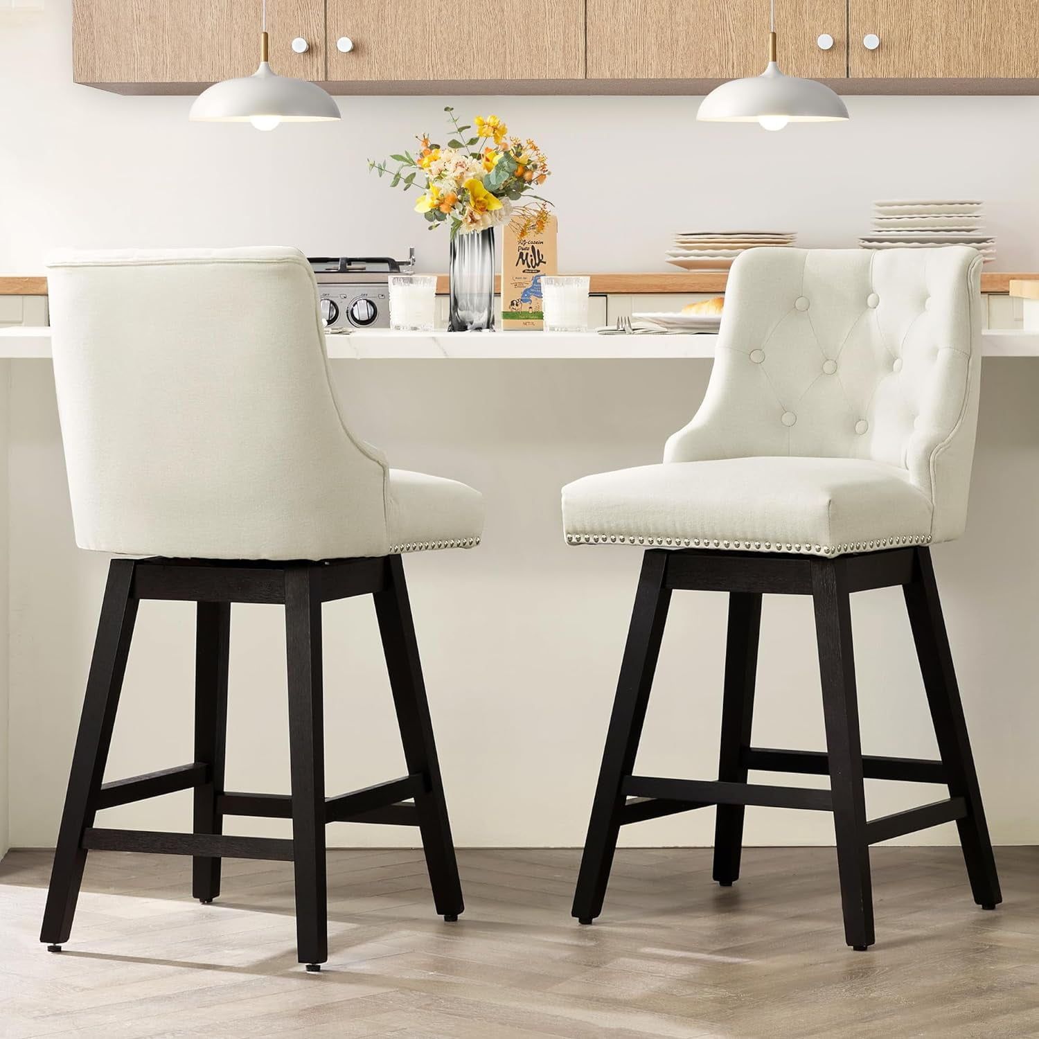 White Upholstered Swivel Counter Stools with Wood Legs, Set of 2