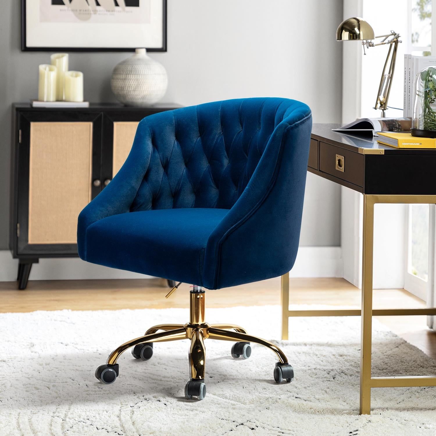 Navy Velvet Ergonomic Swivel Task Chair with Gold Legs