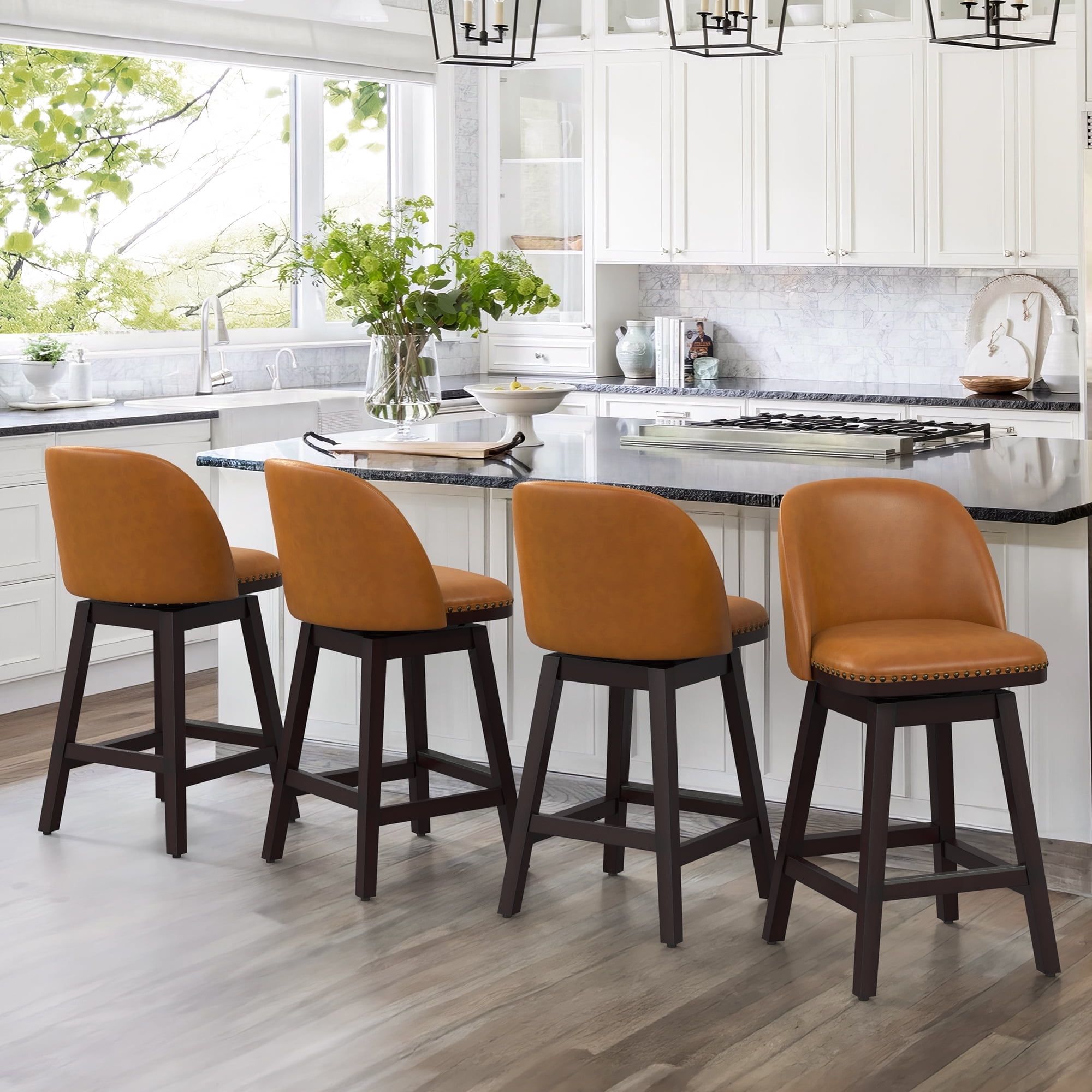 Whiskey Brown Faux Leather Swivel Counter Stools with Wood Legs, Set of 4