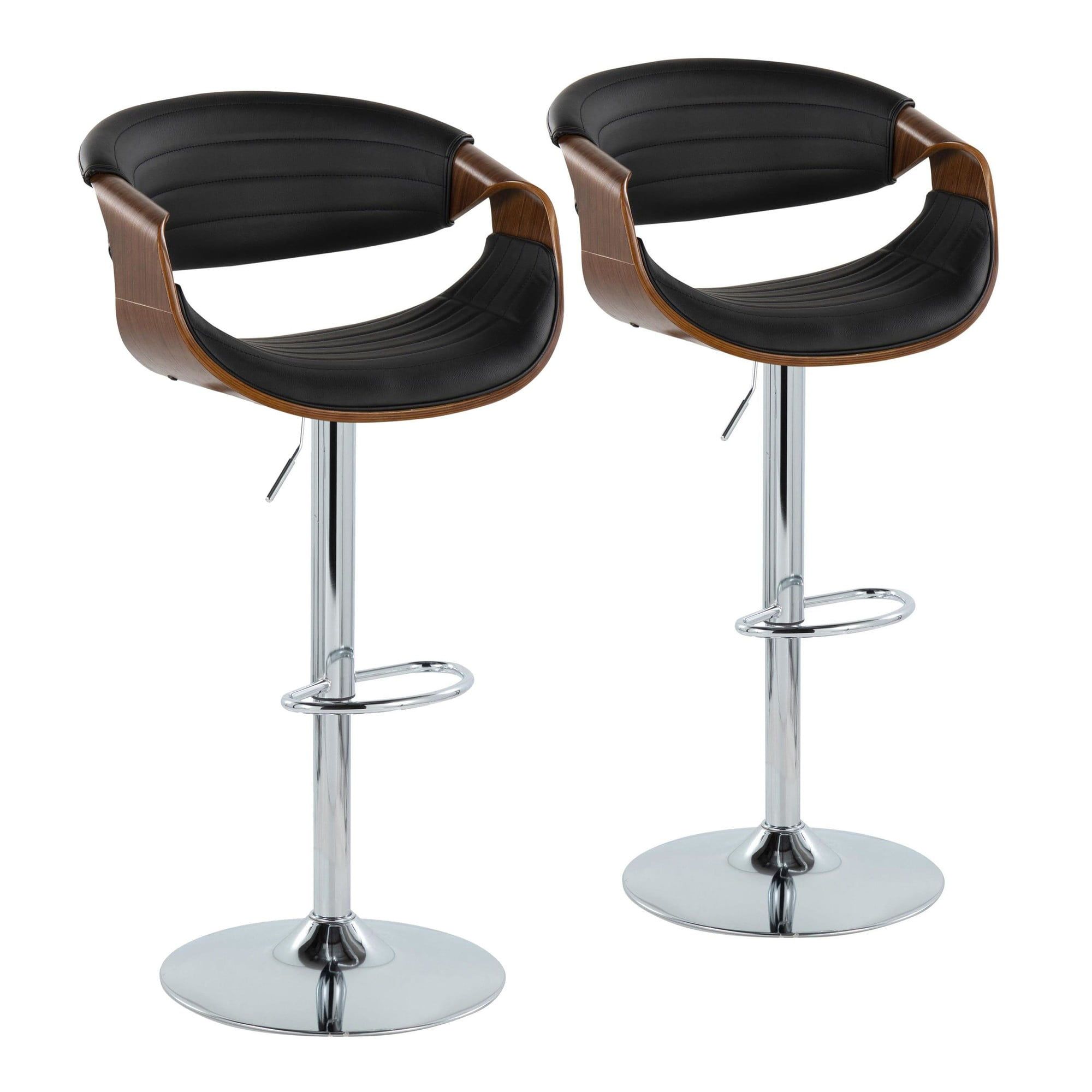 Symphony Black Faux Leather Adjustable Swivel Barstool Set with Chrome and Walnut Wood