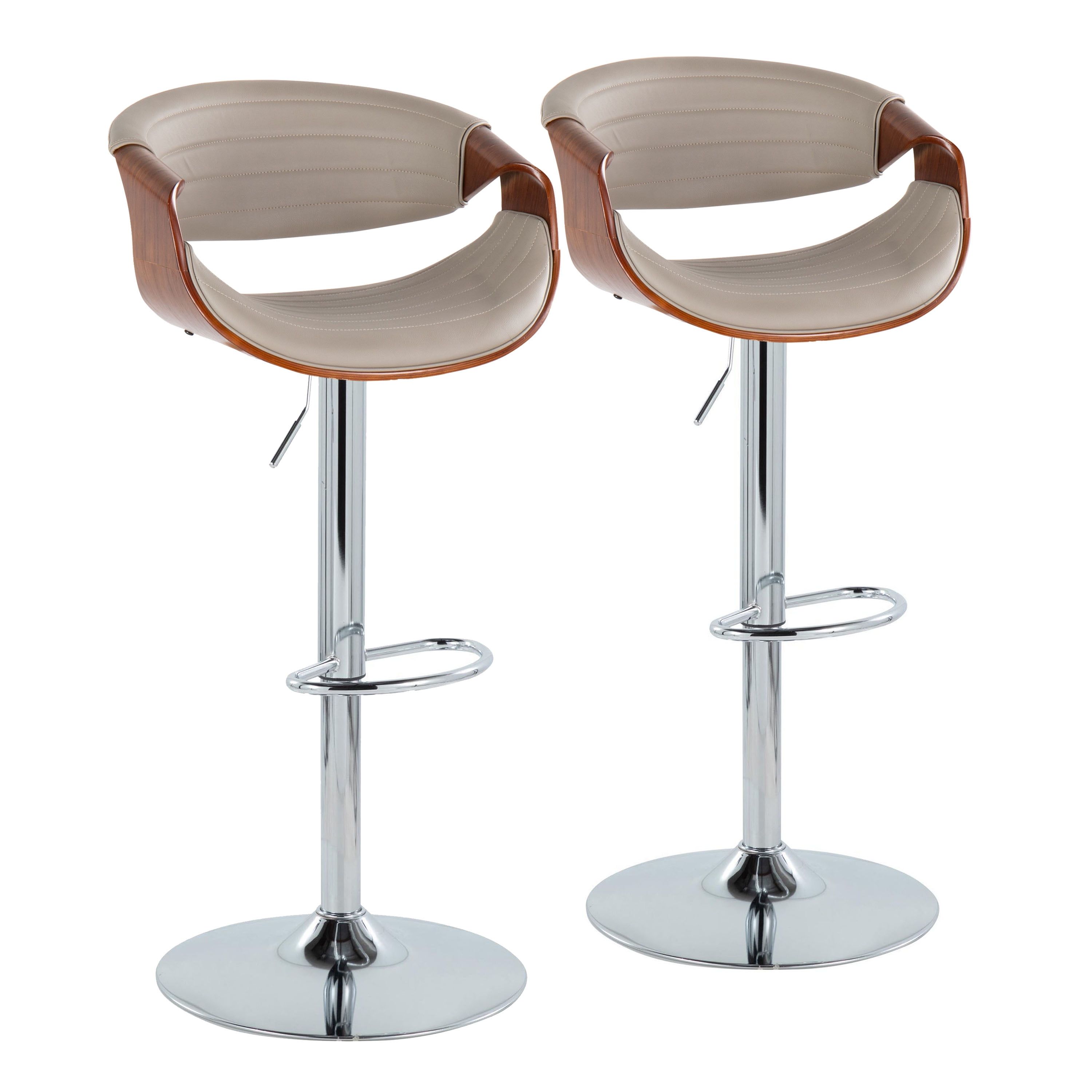 Pewter Gray Faux Leather Adjustable Swivel Barstool Set with Chrome and Walnut