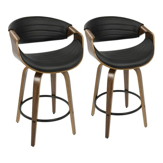 Walnut and Black Swivel Faux Leather Counter Stool Set