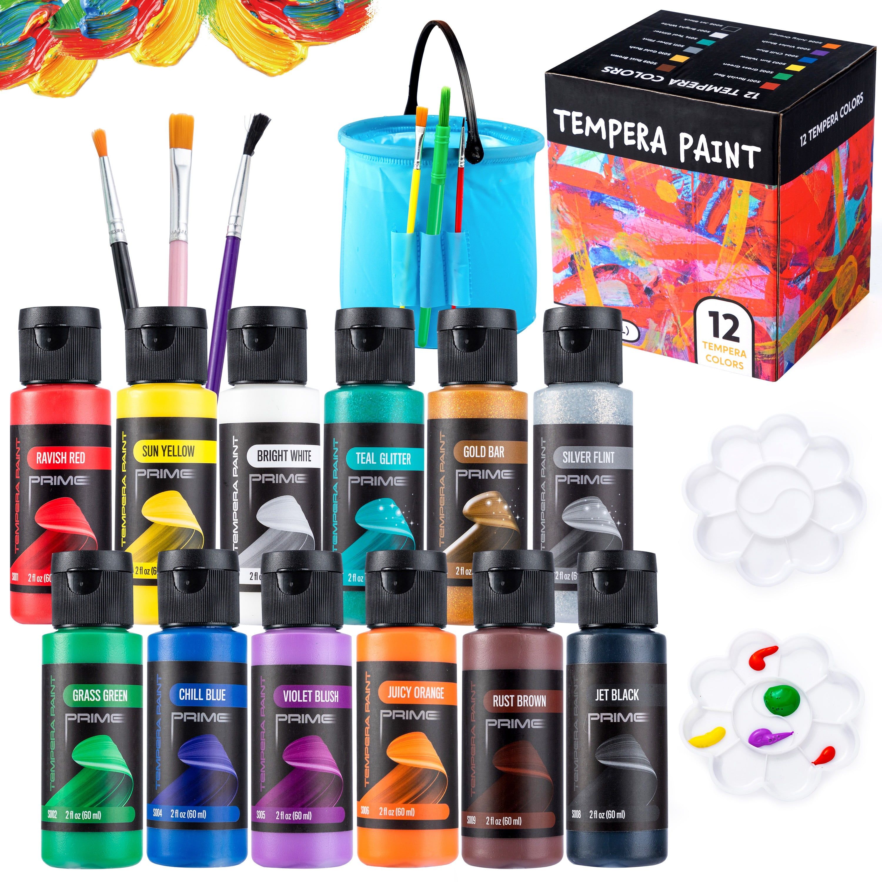 12-Piece Washable Kids Tempera Paint Set with Brushes and Palette