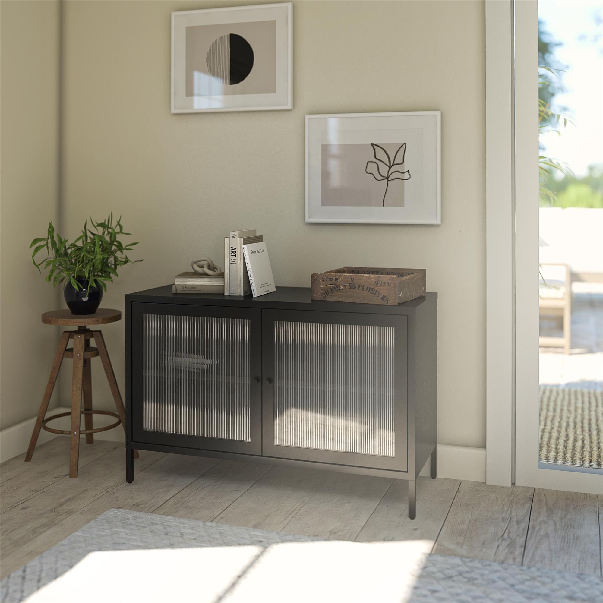 Black Metal and Glass 2-Door Storage Cabinet with Adjustable Shelves