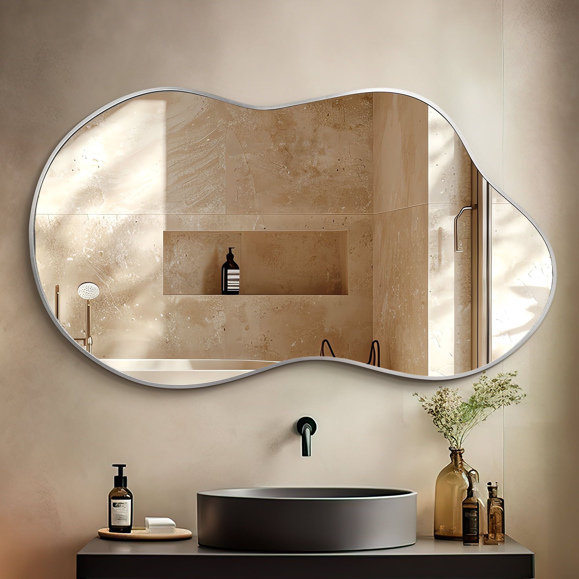 Asymmetrical Silver Glass Wall Mirror with MDF Backboard