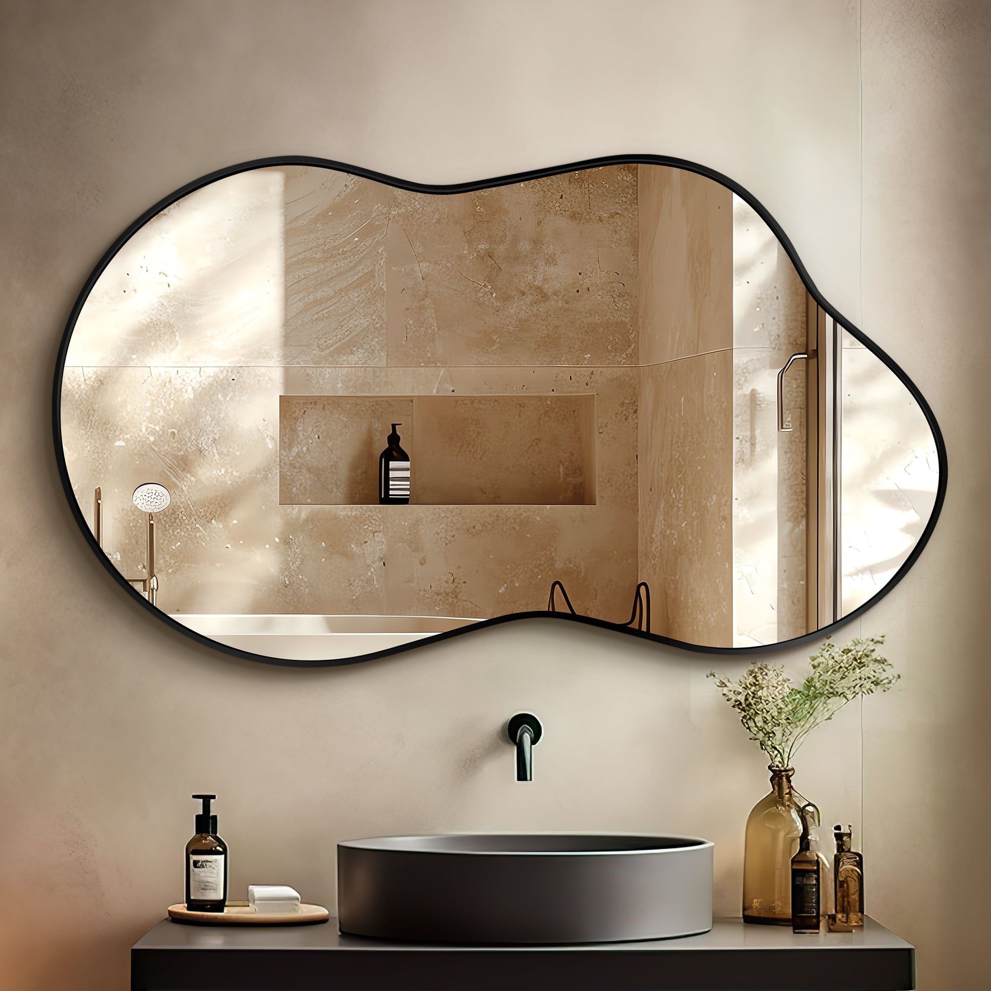 Black Asymmetrical Cloud-Shaped Wall Mirror with Wood Frame, 24" x 36"