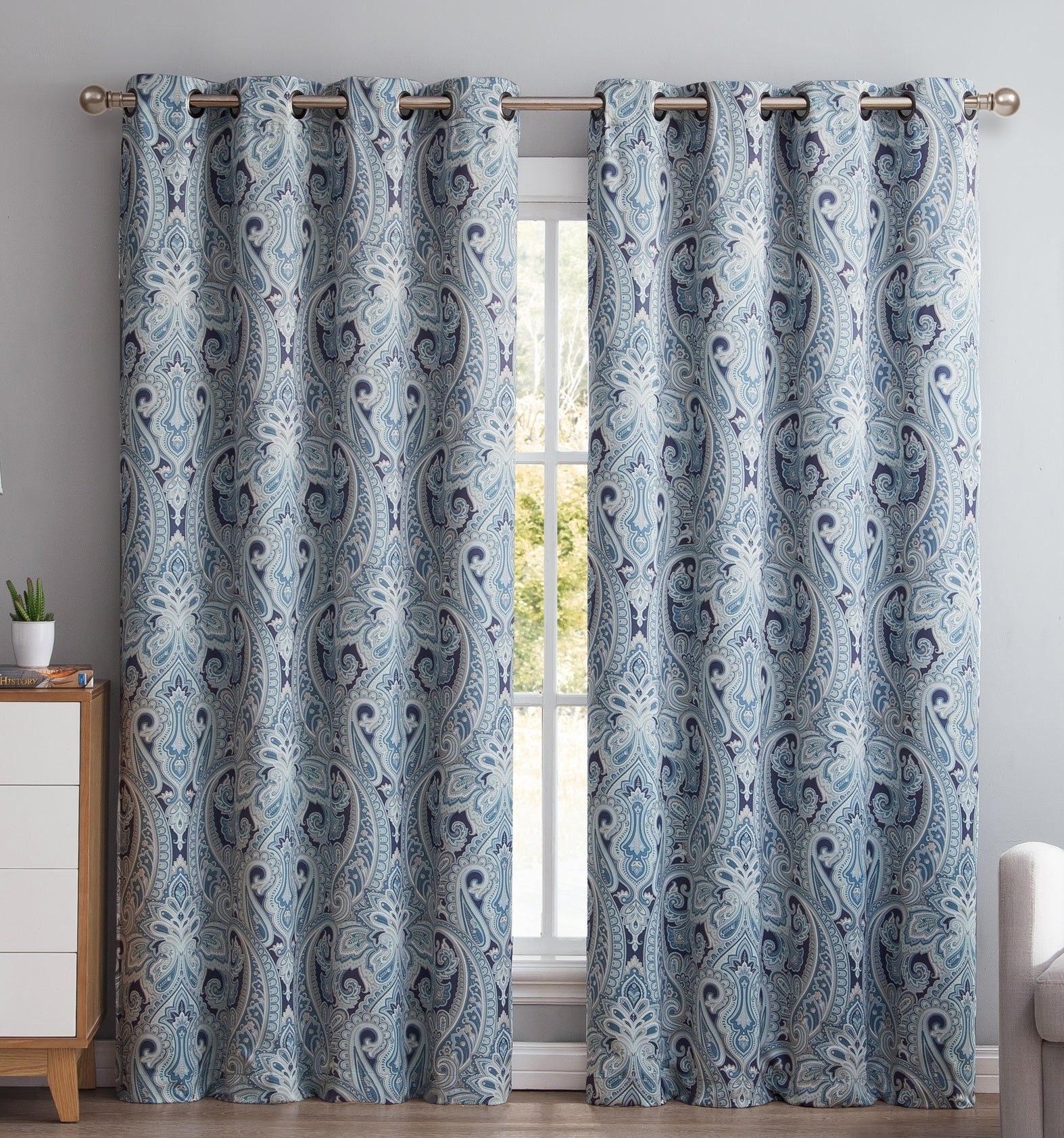 Paisley Print Blue Polyester Blackout Grommet Window Panels, 50" x 54"