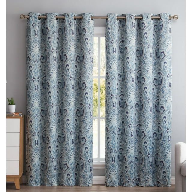 Paisley Blue Blackout Polyester Grommet Window Panels, 50" x 84"