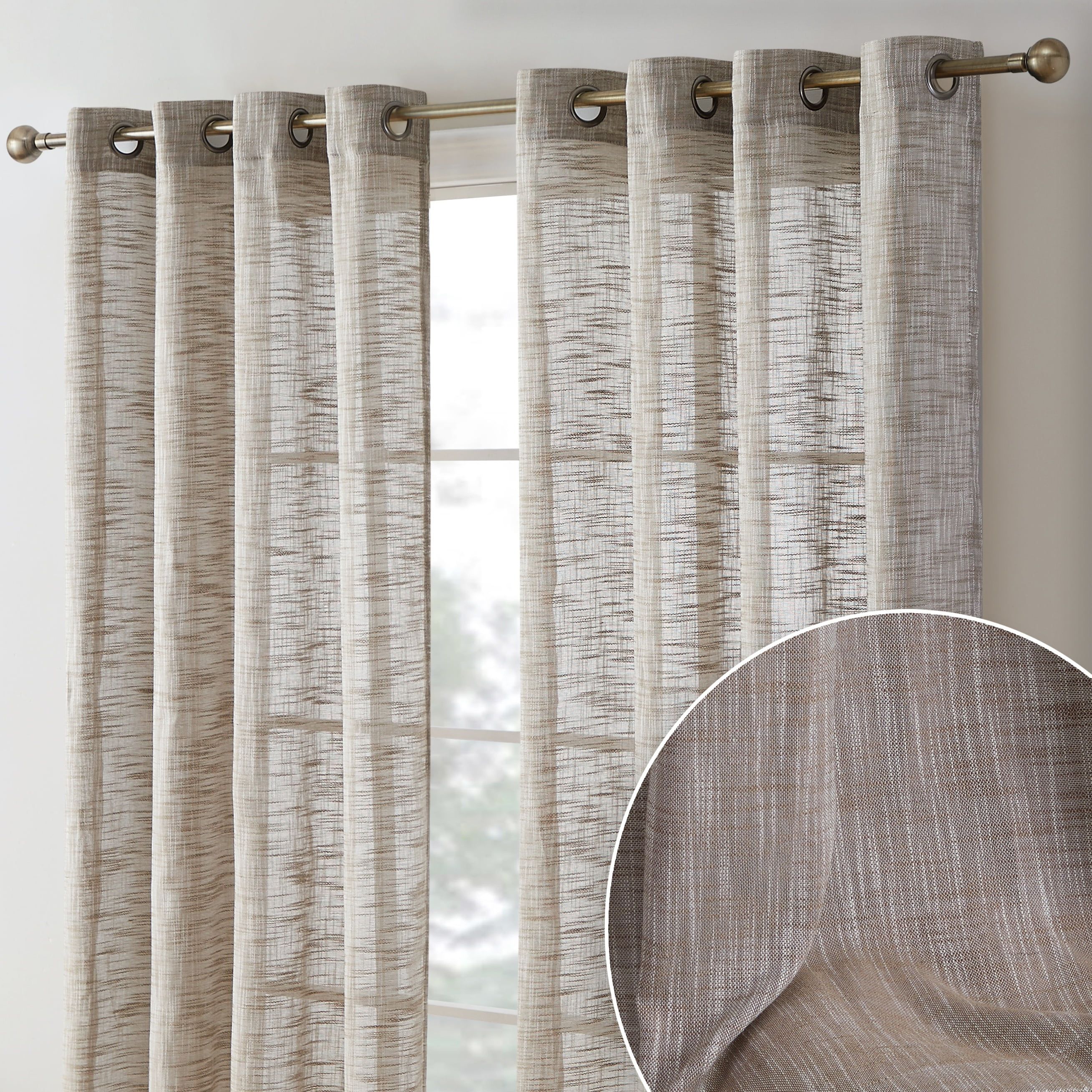 Taupe Long Faux Linen Sheer Grommet Curtains