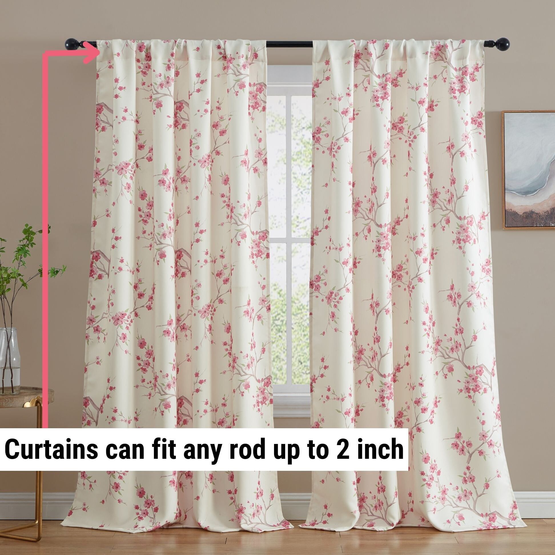 Pink Faux Silk Blackout Floral Window Panel Curtains
