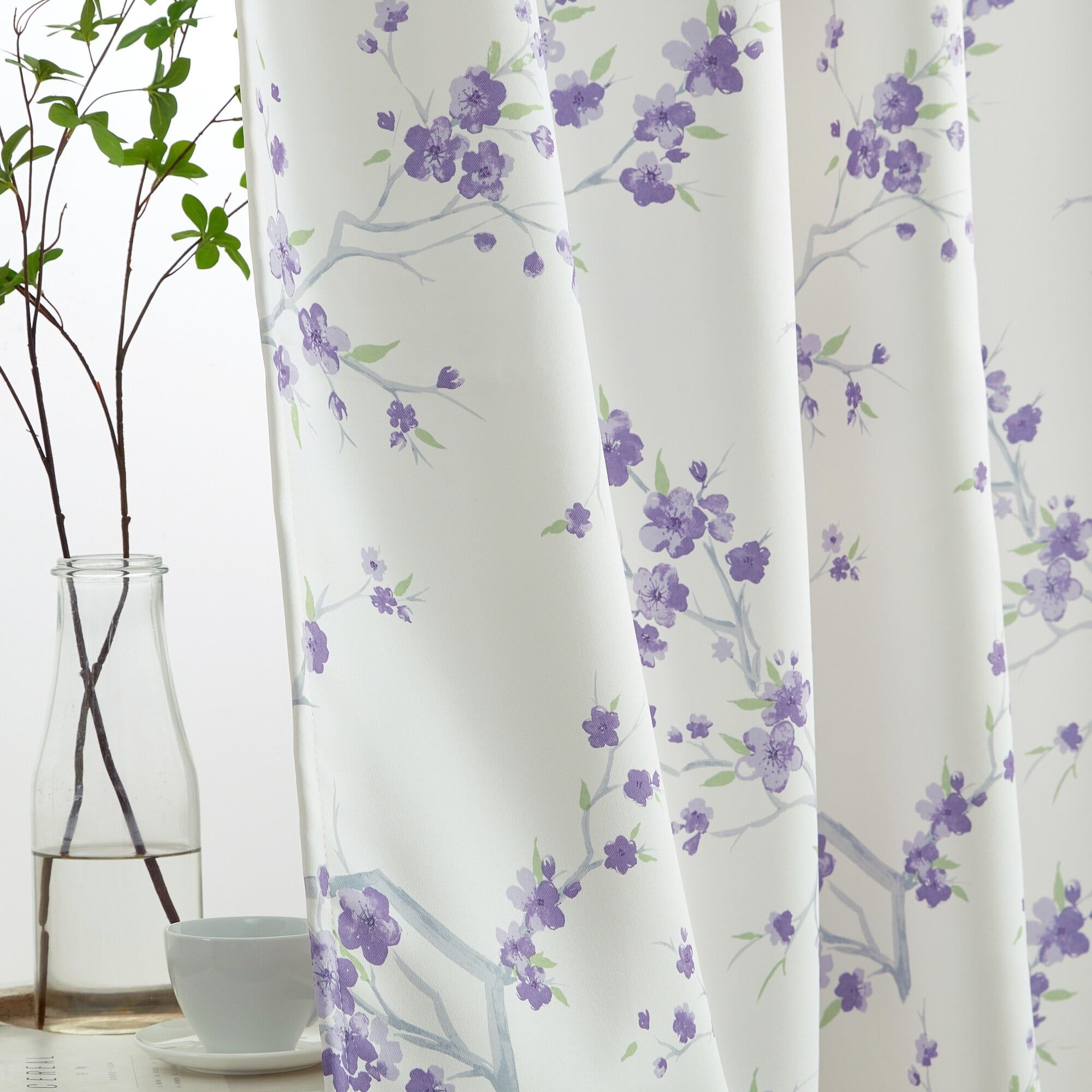 Purple Floral Faux Silk Blackout Grommet Curtain Panels