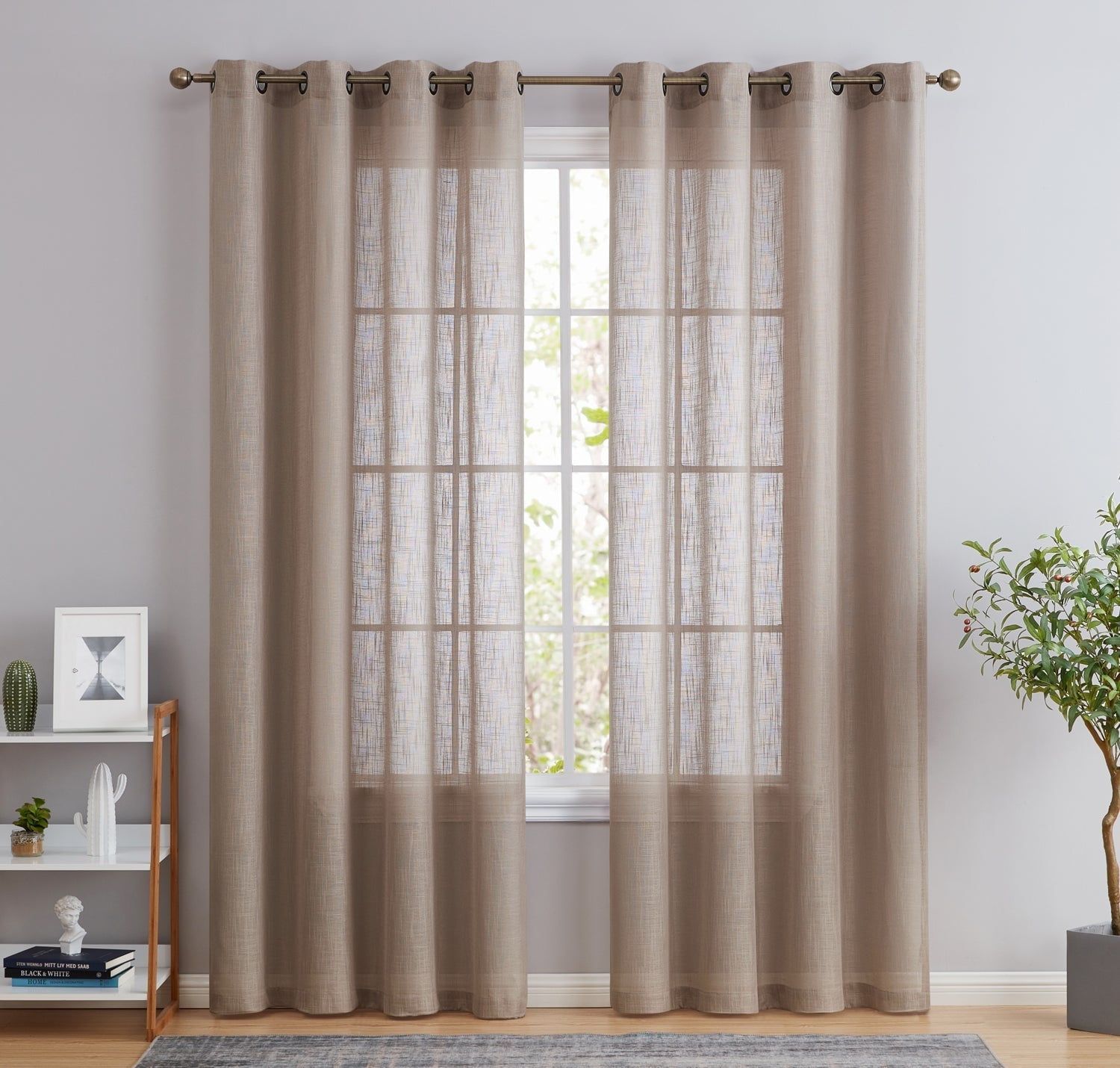 THD Serena Faux Linen Textured Semi Sheer Transparent Window Grommet Long Thick Curtain Panels, Pair