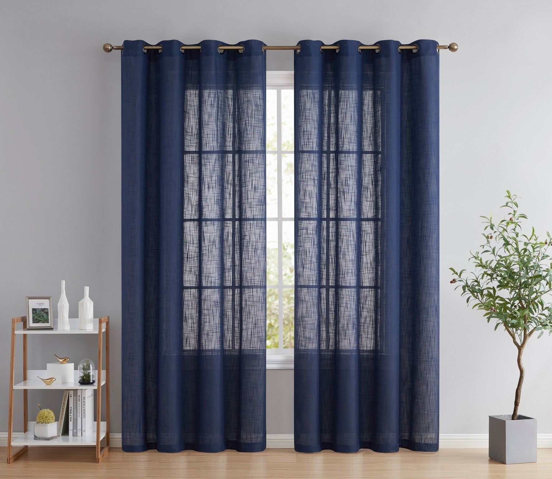 Navy Blue Faux Linen Sheer Grommet Curtain Panels, 54" x 96"