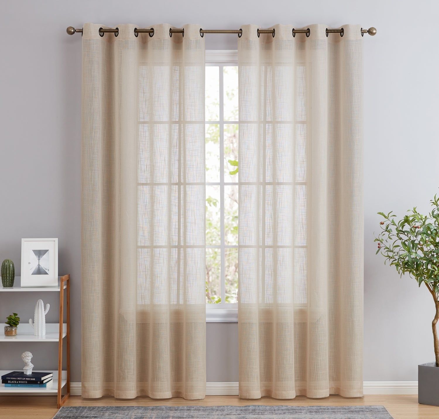 Beige Faux Linen Sheer Grommet Kitchen Curtain Panels, 54" x 63"