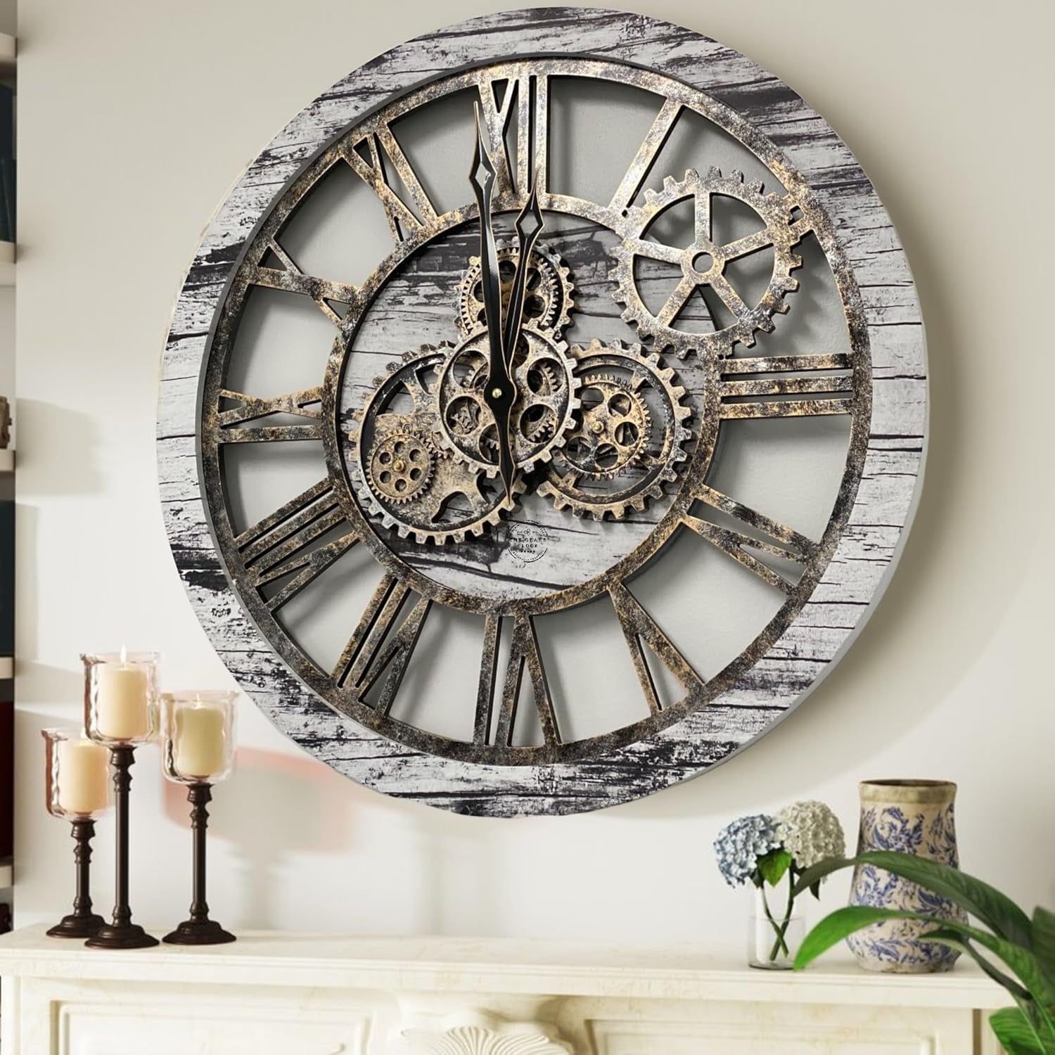 Oversized Grey and White Industrial Gear Wall Clock