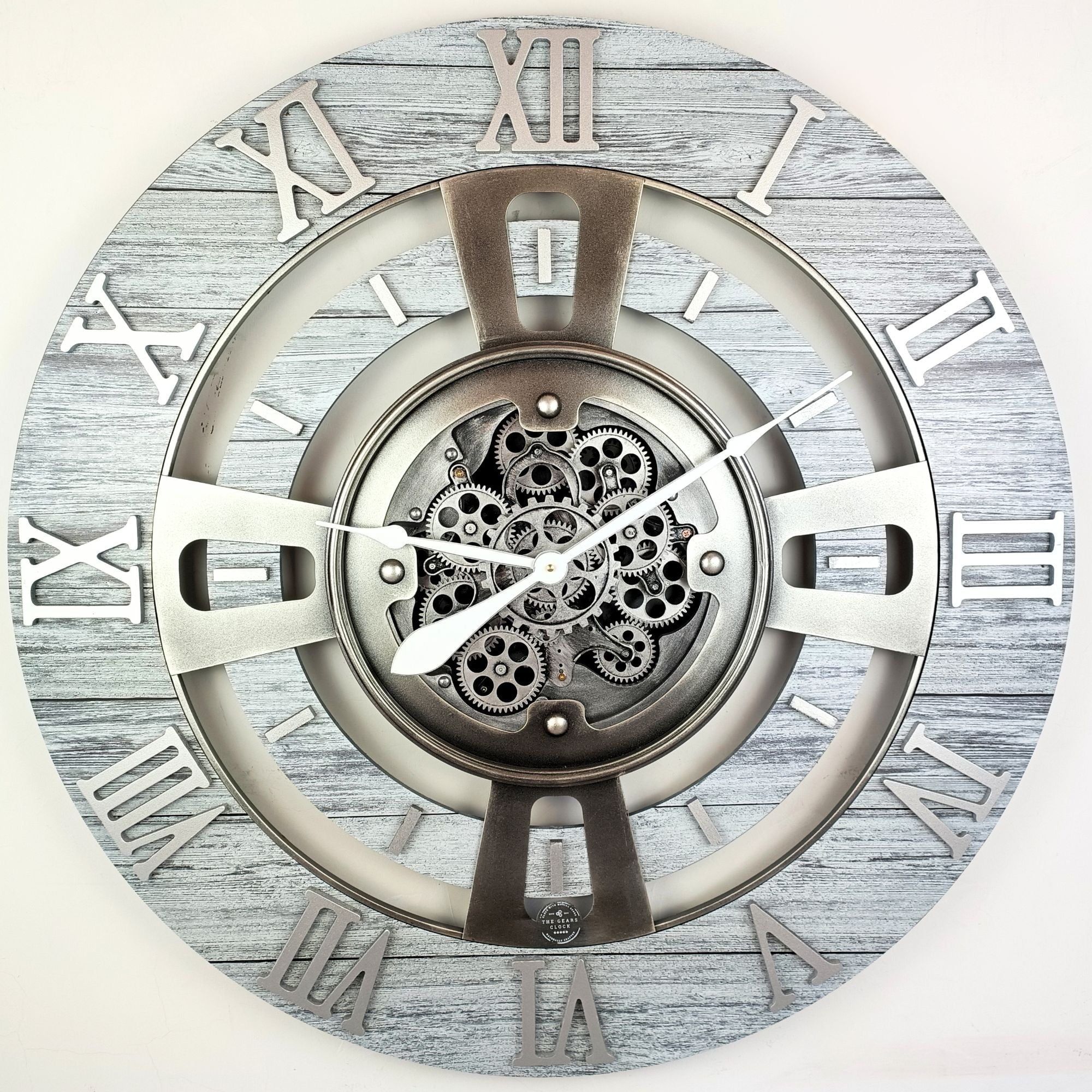 Oversized Silver Grey Wall Clock with Real Moving Gears