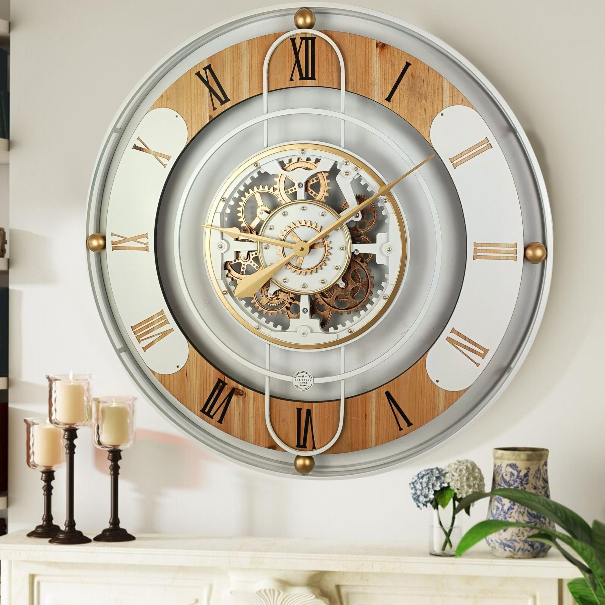 Oversized White and Wood Analog Wall Clock with Moving Gears