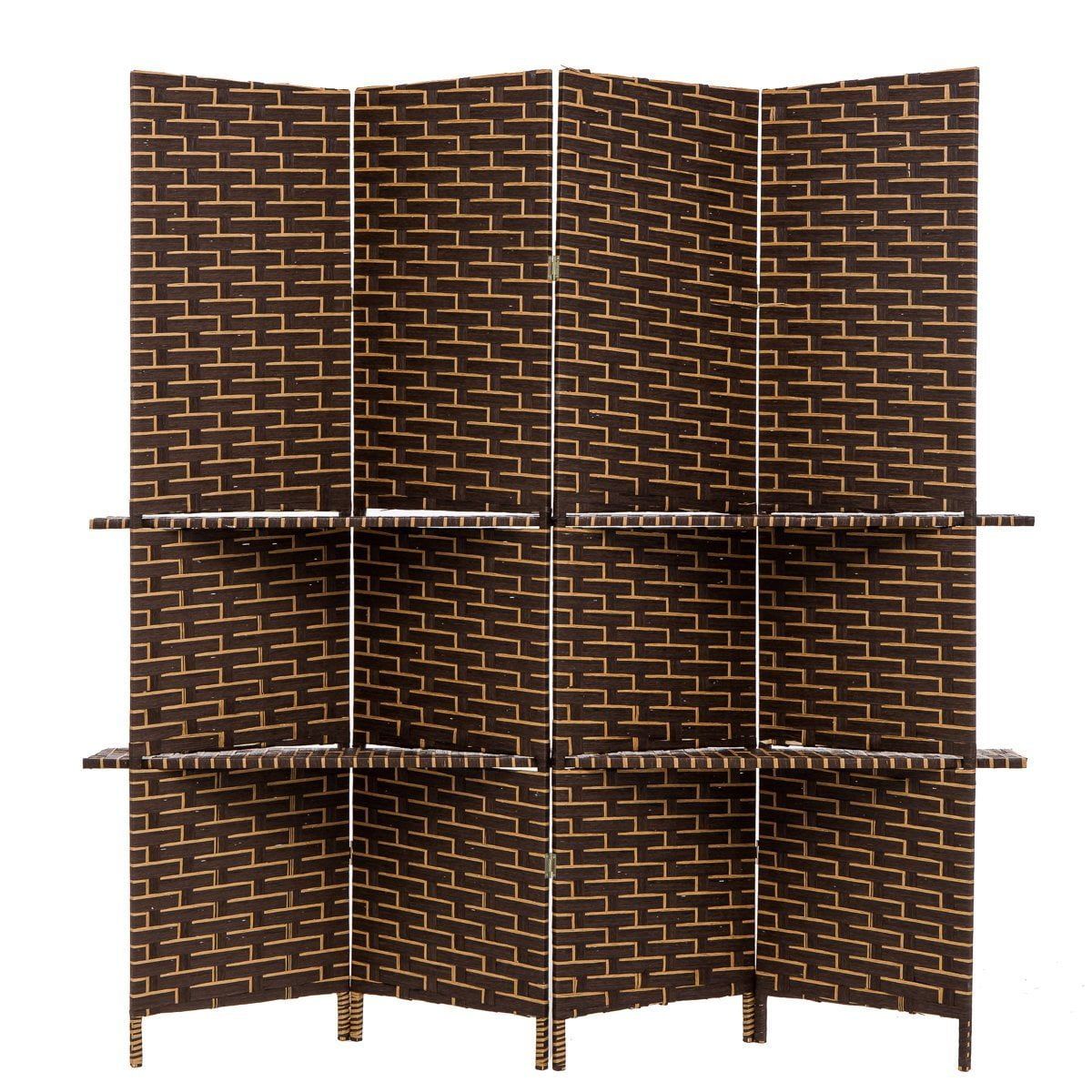 Coffeebrown Woven Bamboo 4-Panel Folding Privacy Screen with Shelves