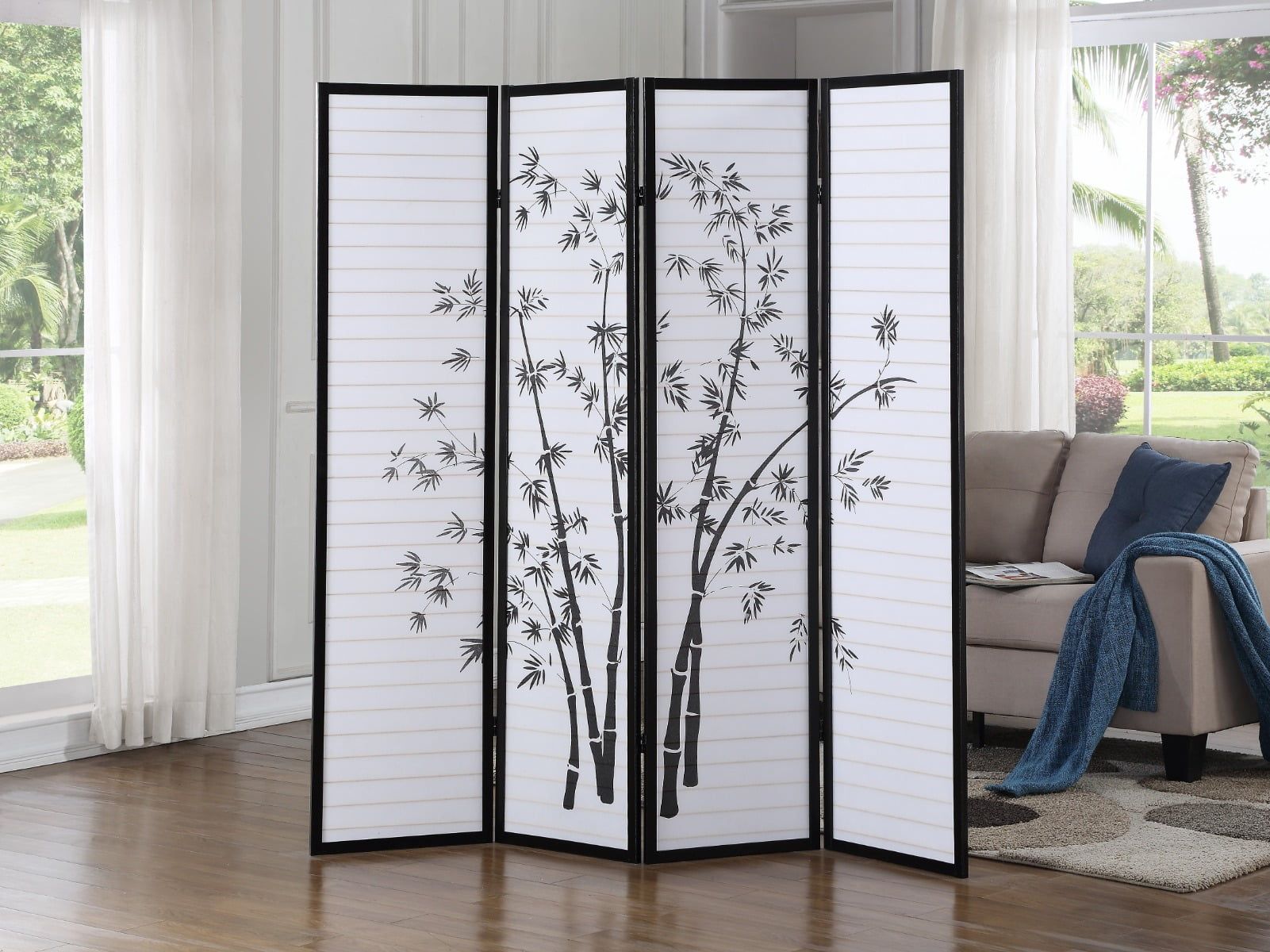 Black and White Bamboo Print 4-Panel Shoji Room Divider