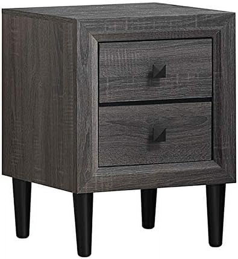 Retro Grey 2-Drawer Nightstand with Rubber Wood Legs